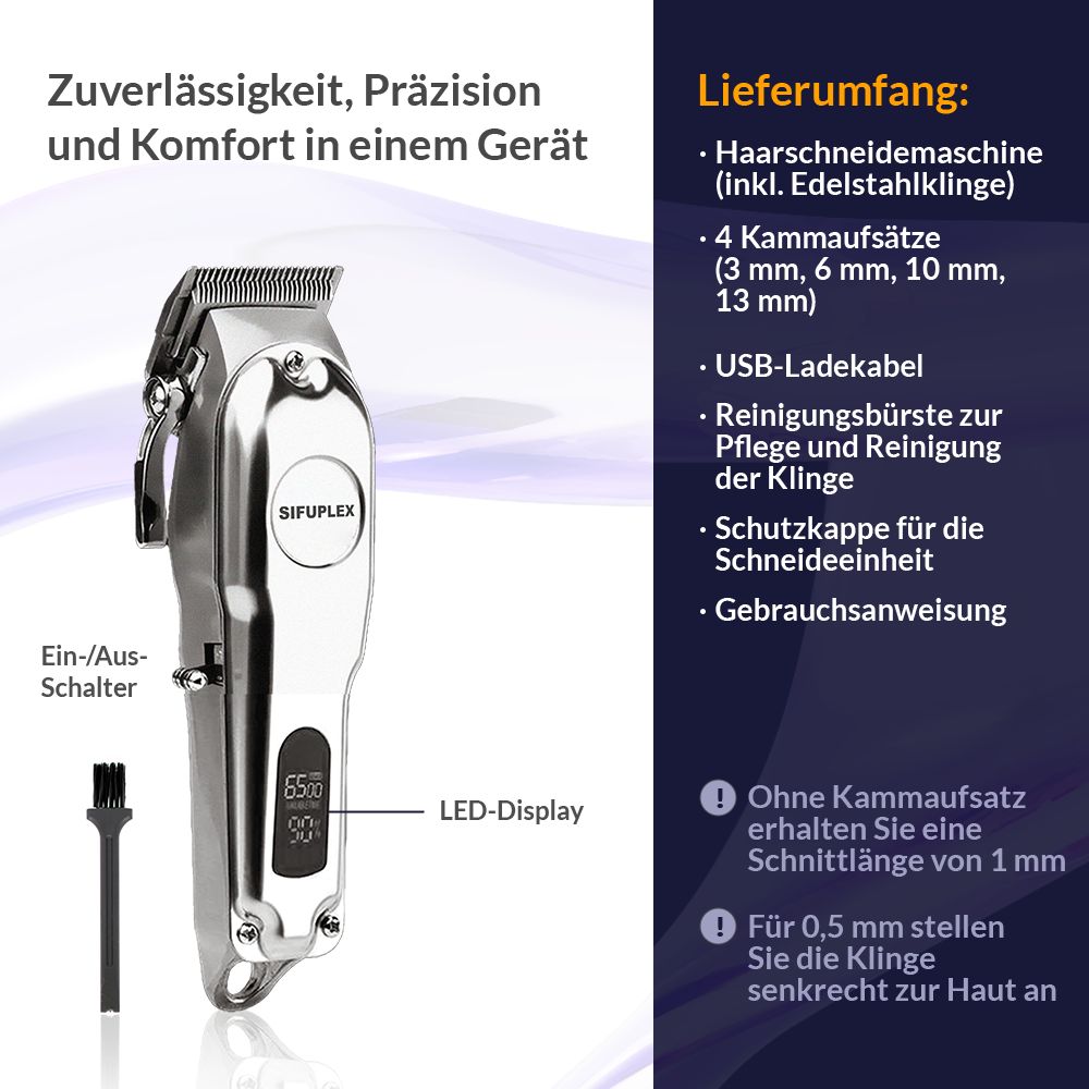Haarschneidemaschine mit Zubehör. Enthält Aufsätze, Ladekabel, Reinigungsbürste, Schutzkappe. LED-Display.