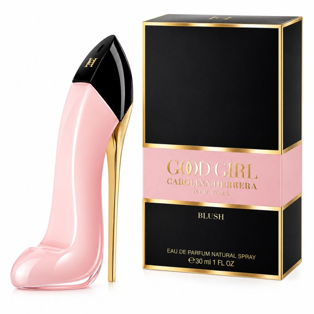 Ein rosa Pumps-Parfümflakon mit goldenem Absatz neben einer schwarzen und rosa Verpackung.
