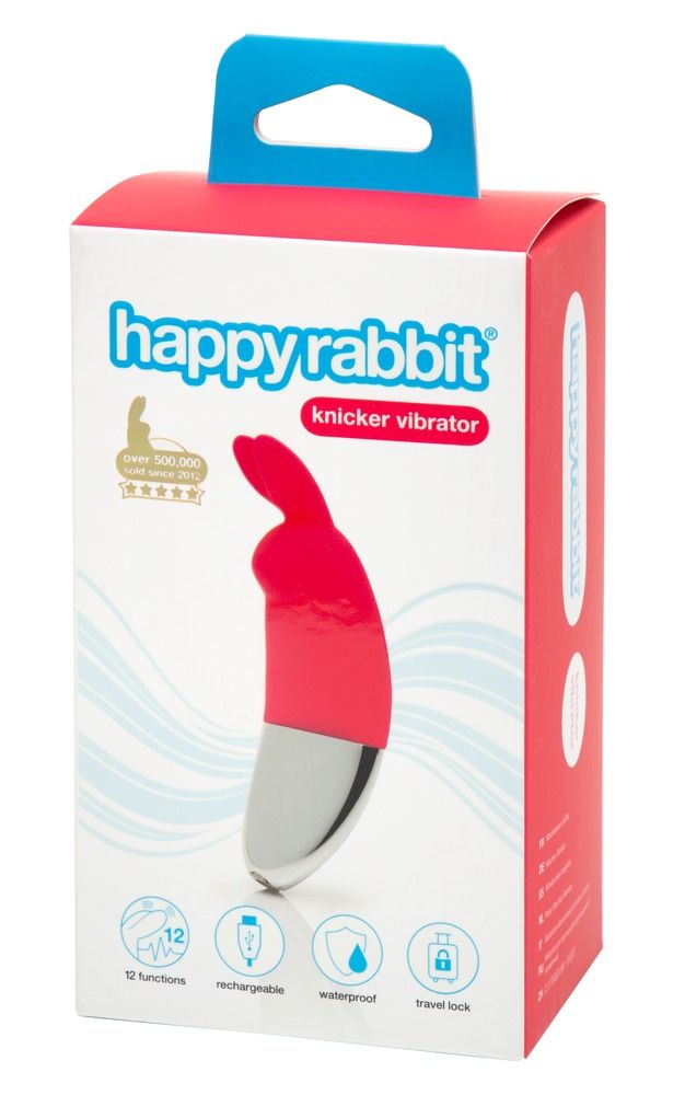 Verpackung von happyrabbit Knicker Vibrator. Rote und weiße Box mit Produktbild und Logo. Enthält Informationen zu Funktionen und Zertifizierungen.