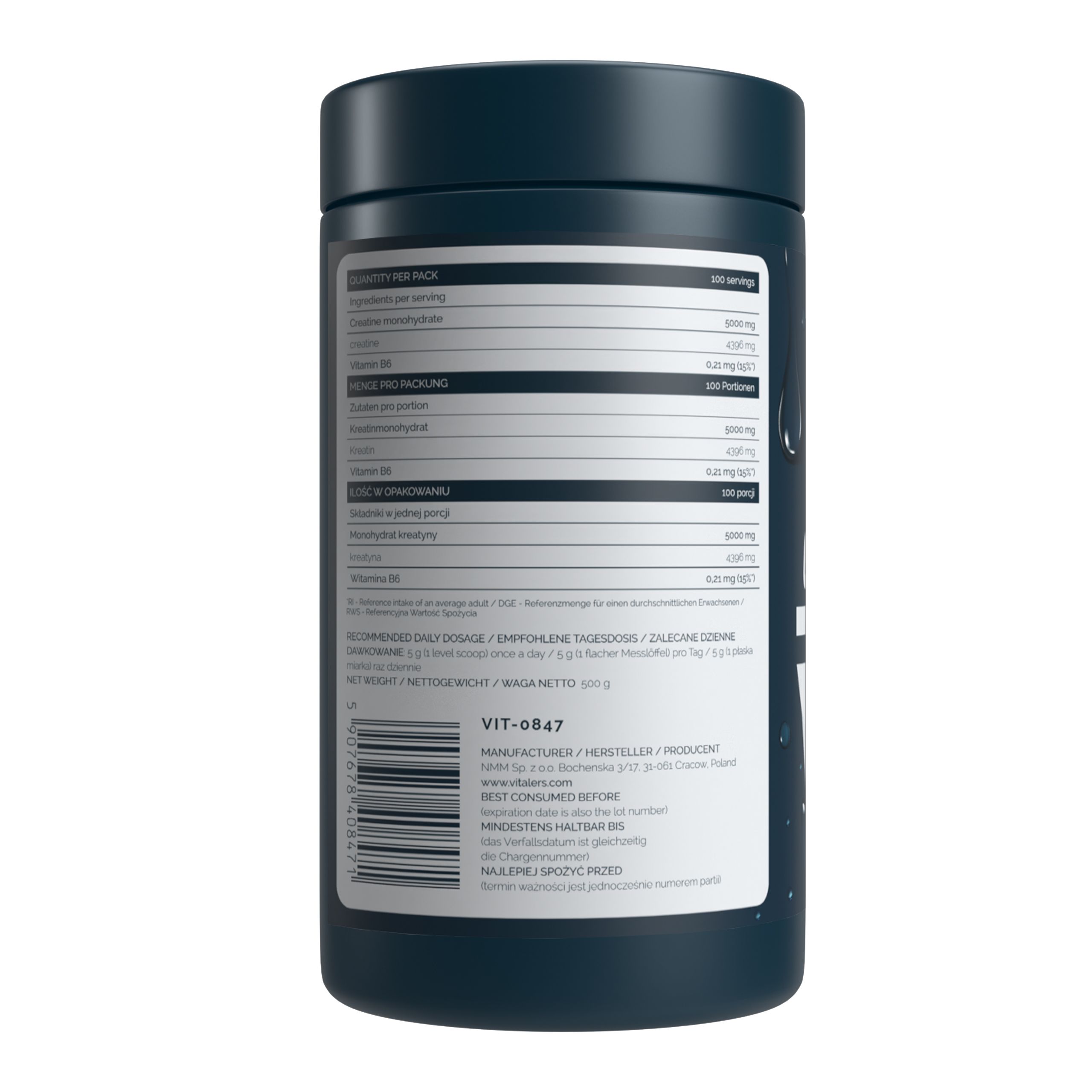 Rückseite einer dunkelblauen Dose mit Vitaler's Sport Kreatin Monohydrat. Zeigt Nährwertangaben und Produktinformationen.