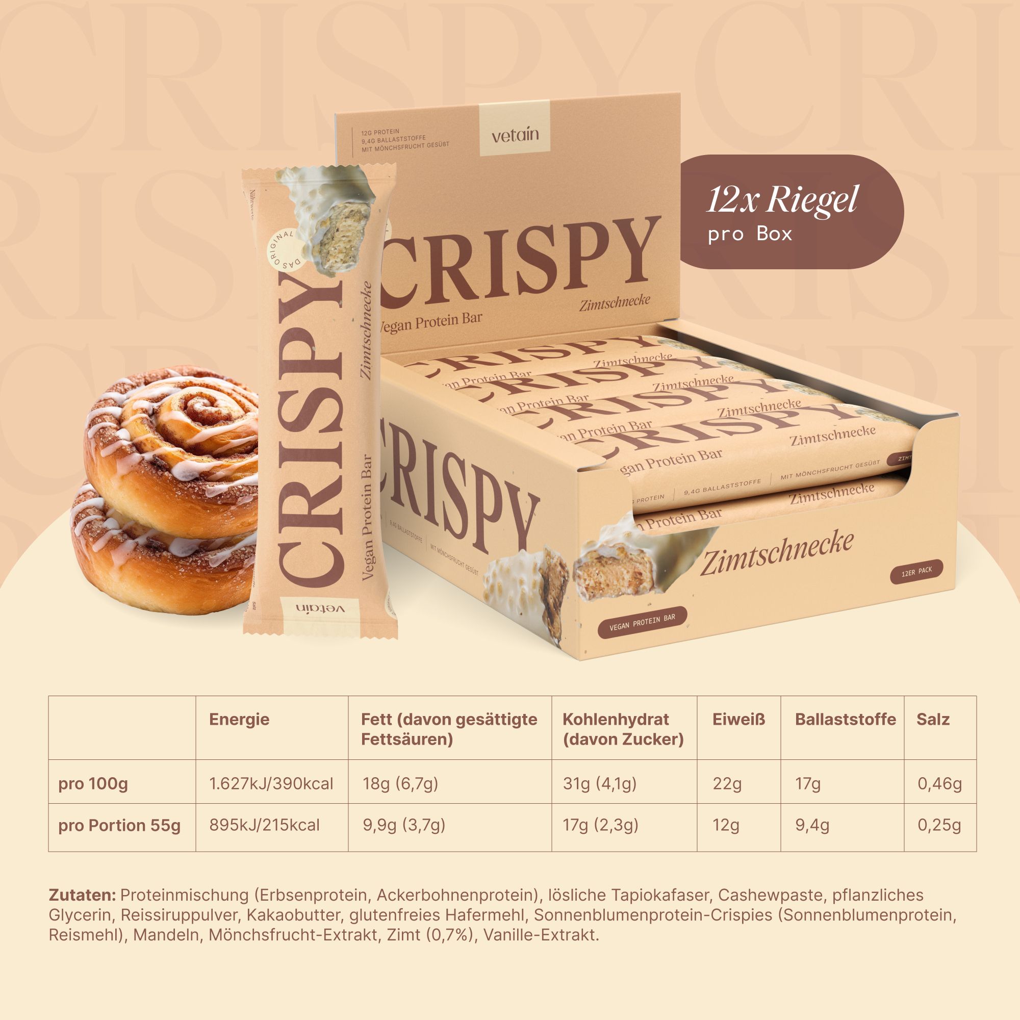 Proteinriegel-Box mit 12 Riegeln. Aufschrift "CRISPY" und "Vegan Protein Bar". Nährwerttabelle.