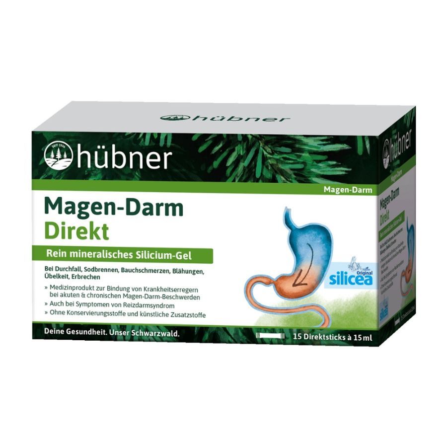 Karton mit Produktnamen Magen-Darm Direkt. Logo von Anton Hübner. Enthält 15 Direktsticks à 15 ml. Aufschrift: Rein mineralisches Silicium-Gel.