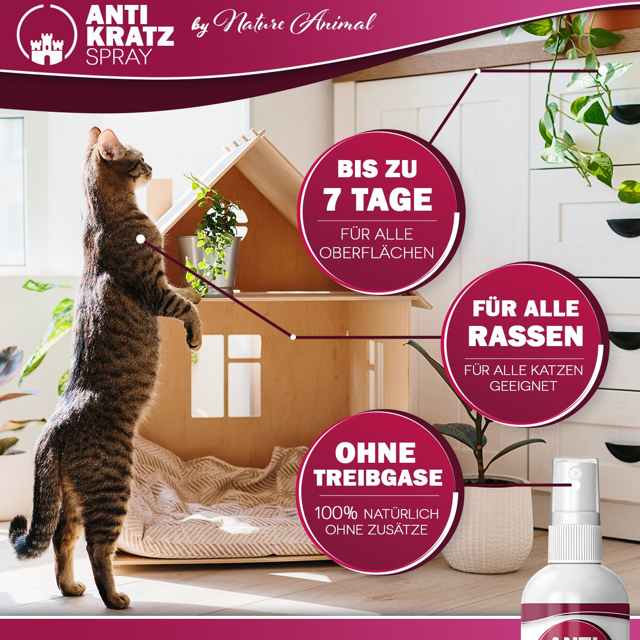 Katze steht neben einem Spielhaus. Text: Bis zu 7 Tage Schutz, für alle Oberflächen, für alle Katzenrassen, ohne Treibgase, 100% natürlich.