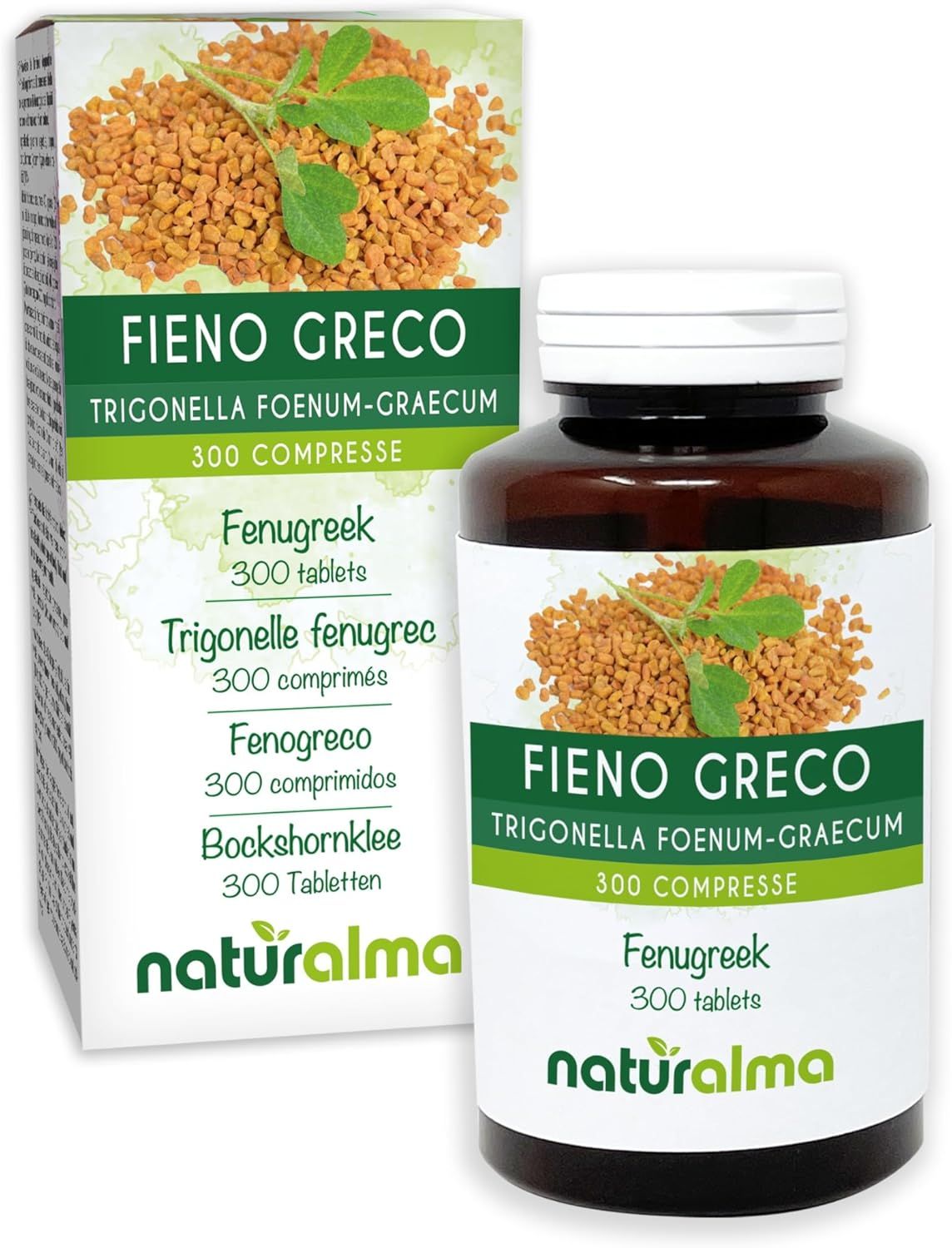 Produktverpackung und Flasche mit Tabletten. Aufschrift: Fieno Greco, 300 compresse, Naturalma.