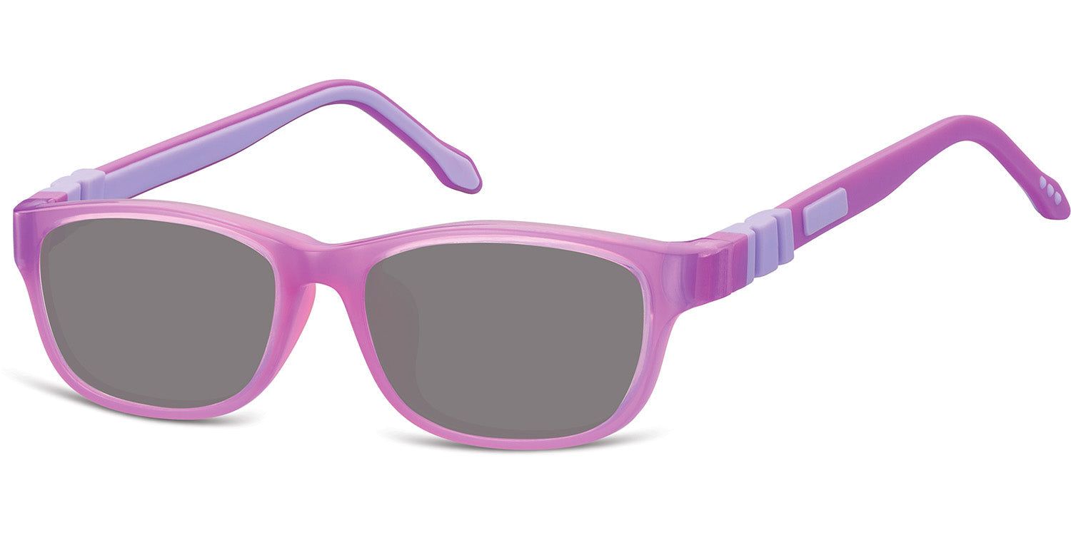 Violette Sonnenbrille mit grauen Gläsern. Rechteckige Form. Bügel und Rahmen in Violett. Detail: hellere violette Akzente.