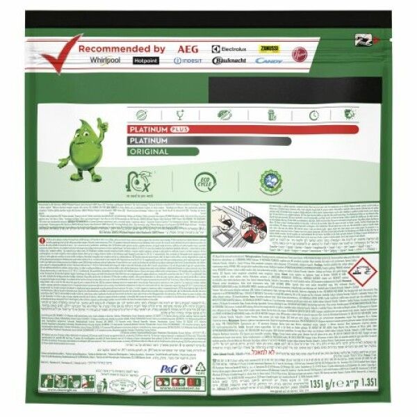Die Rückseite einer Fairy Original Spülmaschinentabs-Verpackung. Die grüne Verpackung zeigt Logos von empfohlenen Marken und Informationen über die Reinigungskraft. Der Text enthält Angaben zu Inhaltsstoffen und Sicherheitshinweisen.