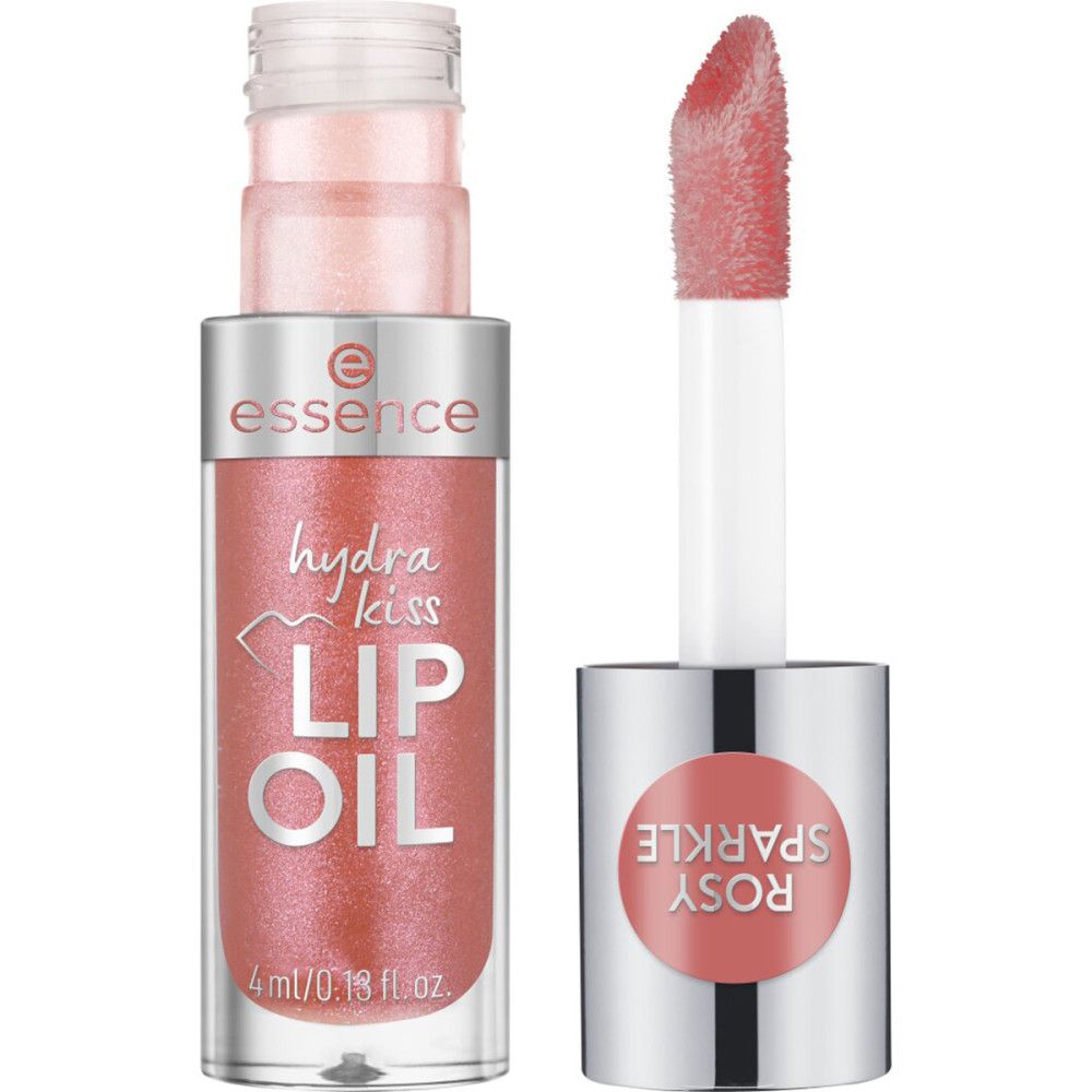 Essence Hydra Kiss Lippenöl. Transparente Flasche mit silbernem Deckel. Rosa Inhalt. Applikator. Aufschrift: Rosy Sparkle, Hydra Kiss Lip Oil.
