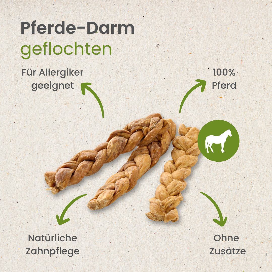Geflochtene Pferde-Darm-Kauartikel, geeignet für Allergiker, 100% Pferd, natürliche Zahnpflege, ohne Zusätze.