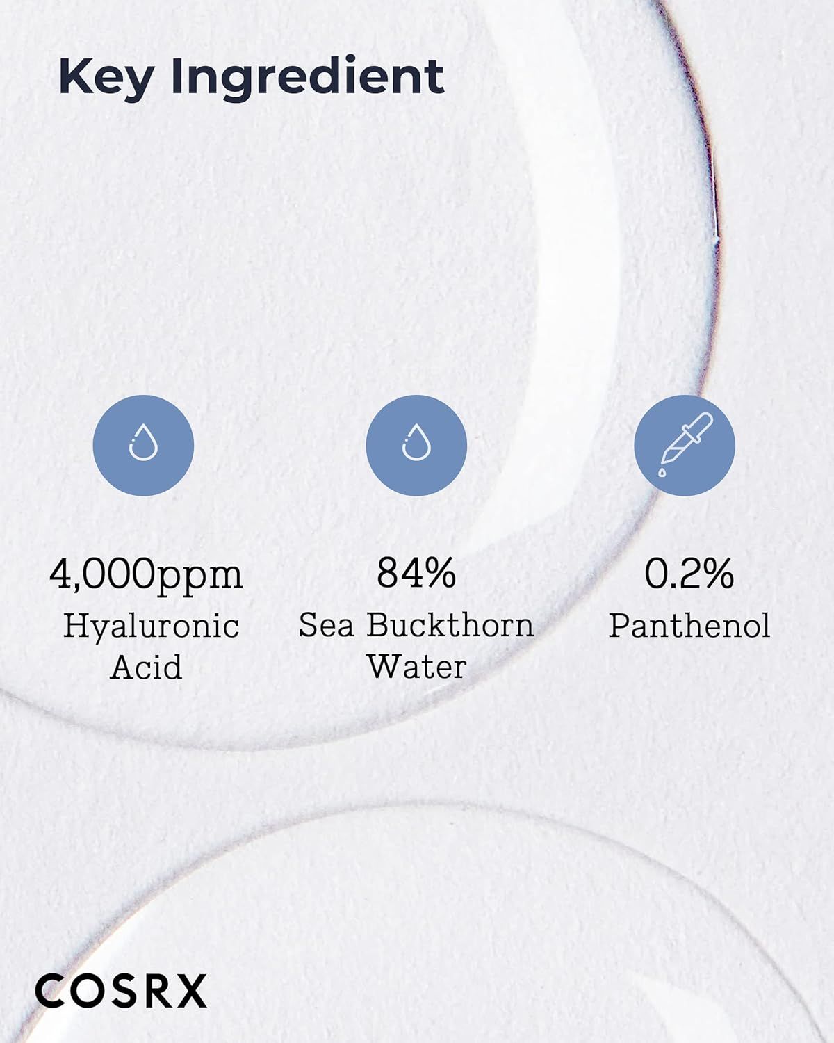 Text: Key Ingredient. 4.000 ppm Hyaluronsäure, 84% Sanddornwasser, 0,2% Panthenol. Auf hellem Hintergrund.