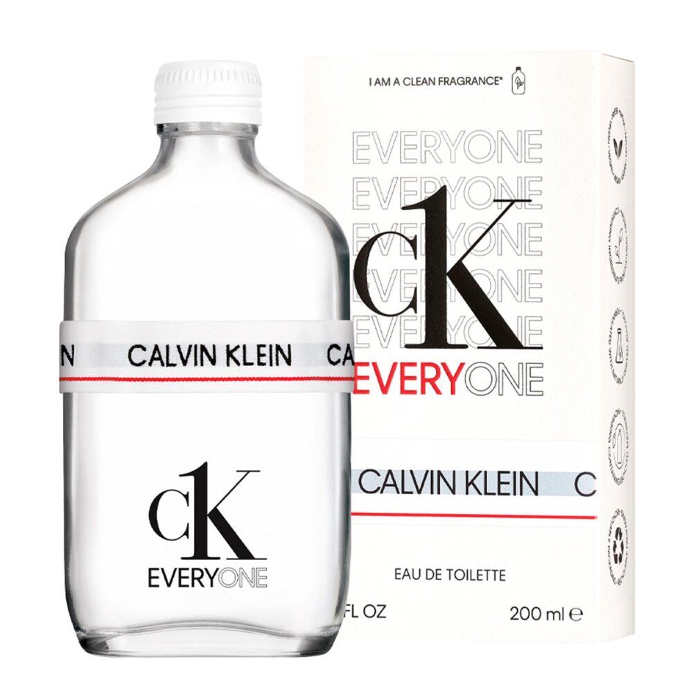 Flakon und Verpackung. Flakon mit weißem Verschluss und Band mit CALVIN KLEIN. Verpackung mit EVERYONE-Schriftzug und Logo.