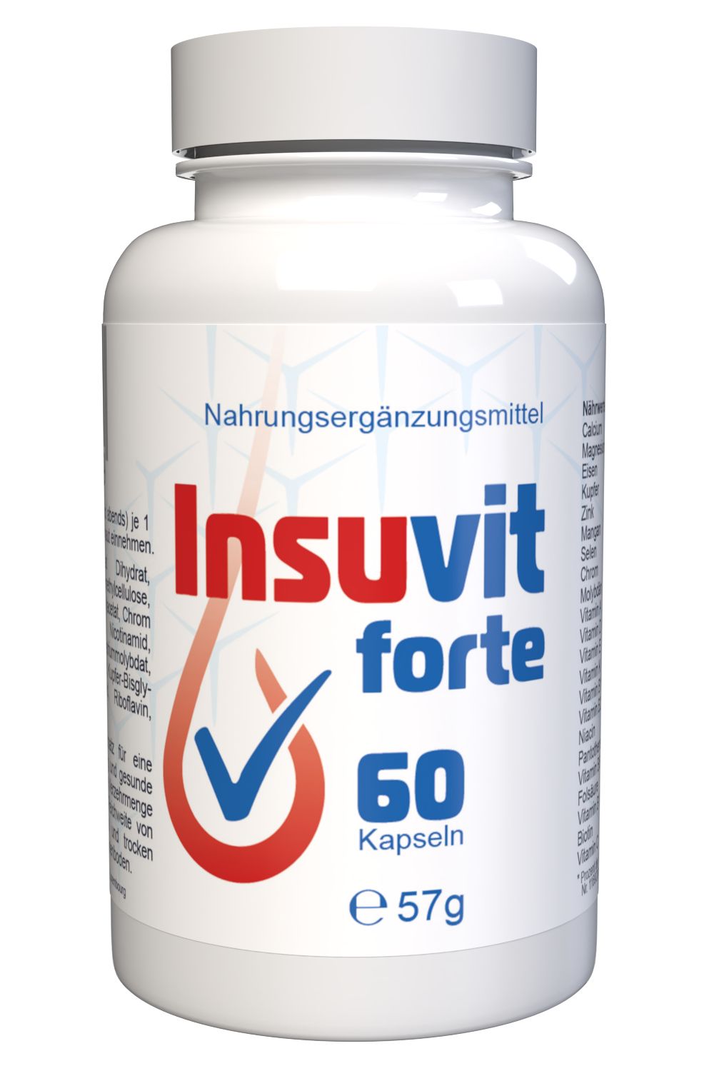 Weiße Flasche mit rotem Logo und blauer Markierung. Enthält 60 Kapseln. Produktname: Insuvit forte.