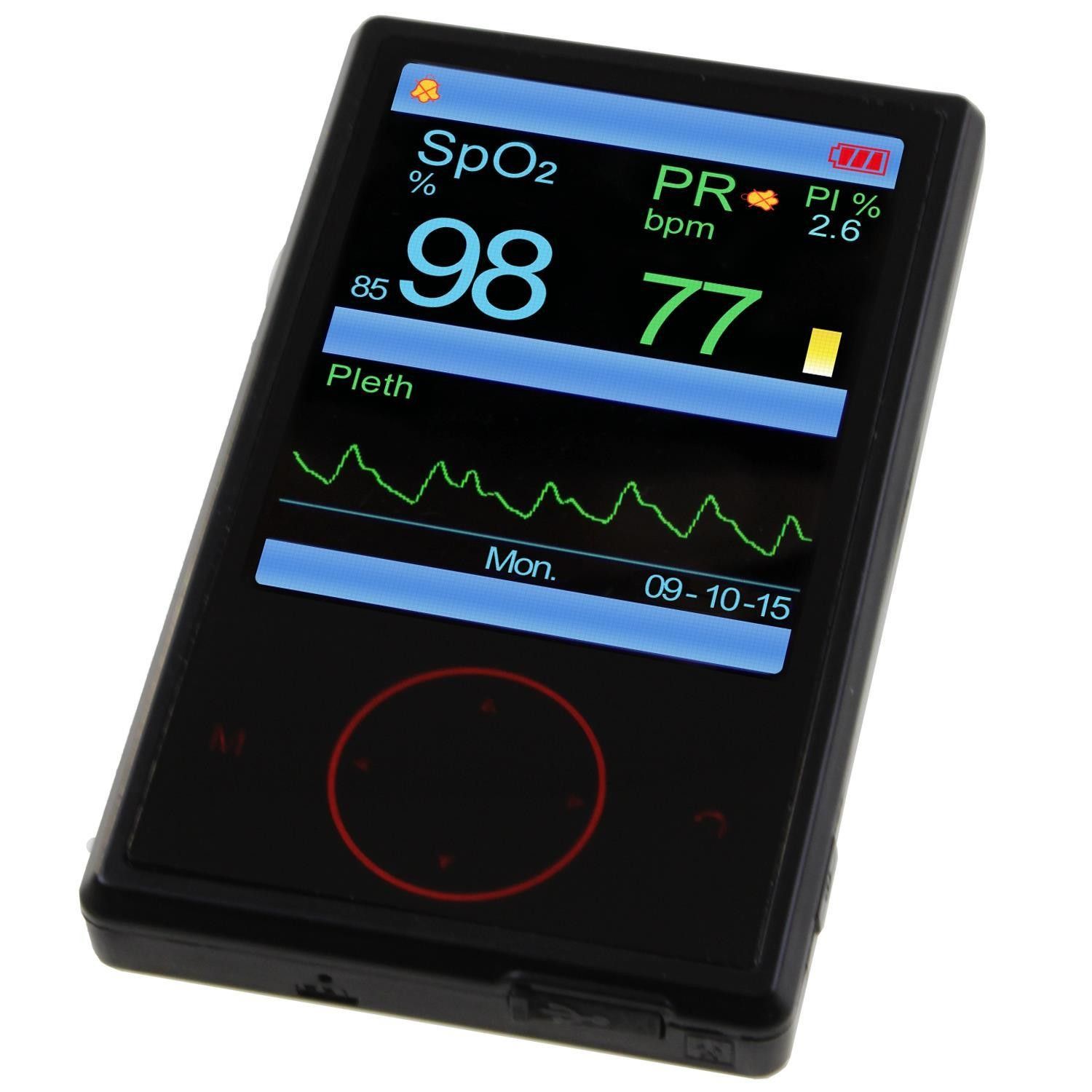 Schwarzes Handheld-Pulsoximeter mit Display. Zeigt SpO2, Pulsfrequenz, PI und Wellenform an. Roter Bedienknopf.