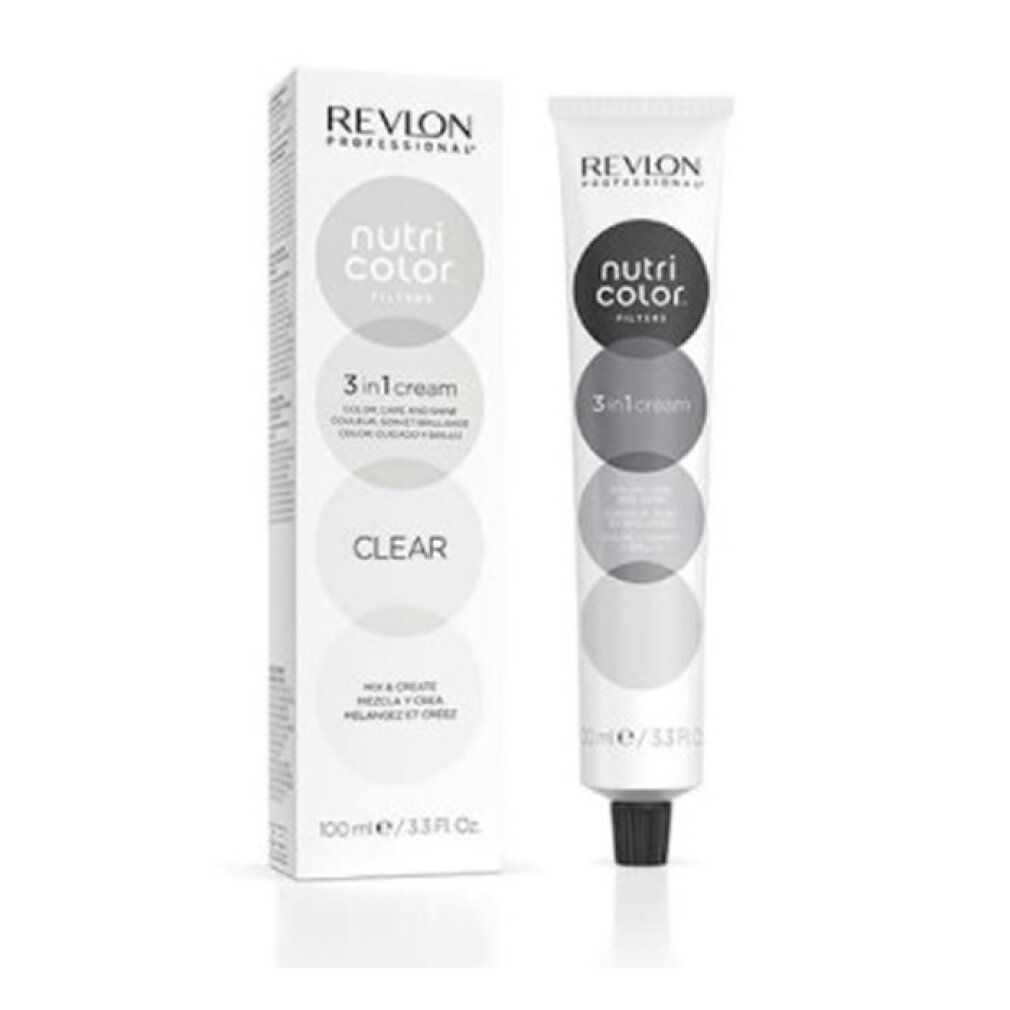Produktverpackung mit Tube und Karton. Aufschrift: Revlon, Nutri Color Filters, 3 in 1 cream, Clear.