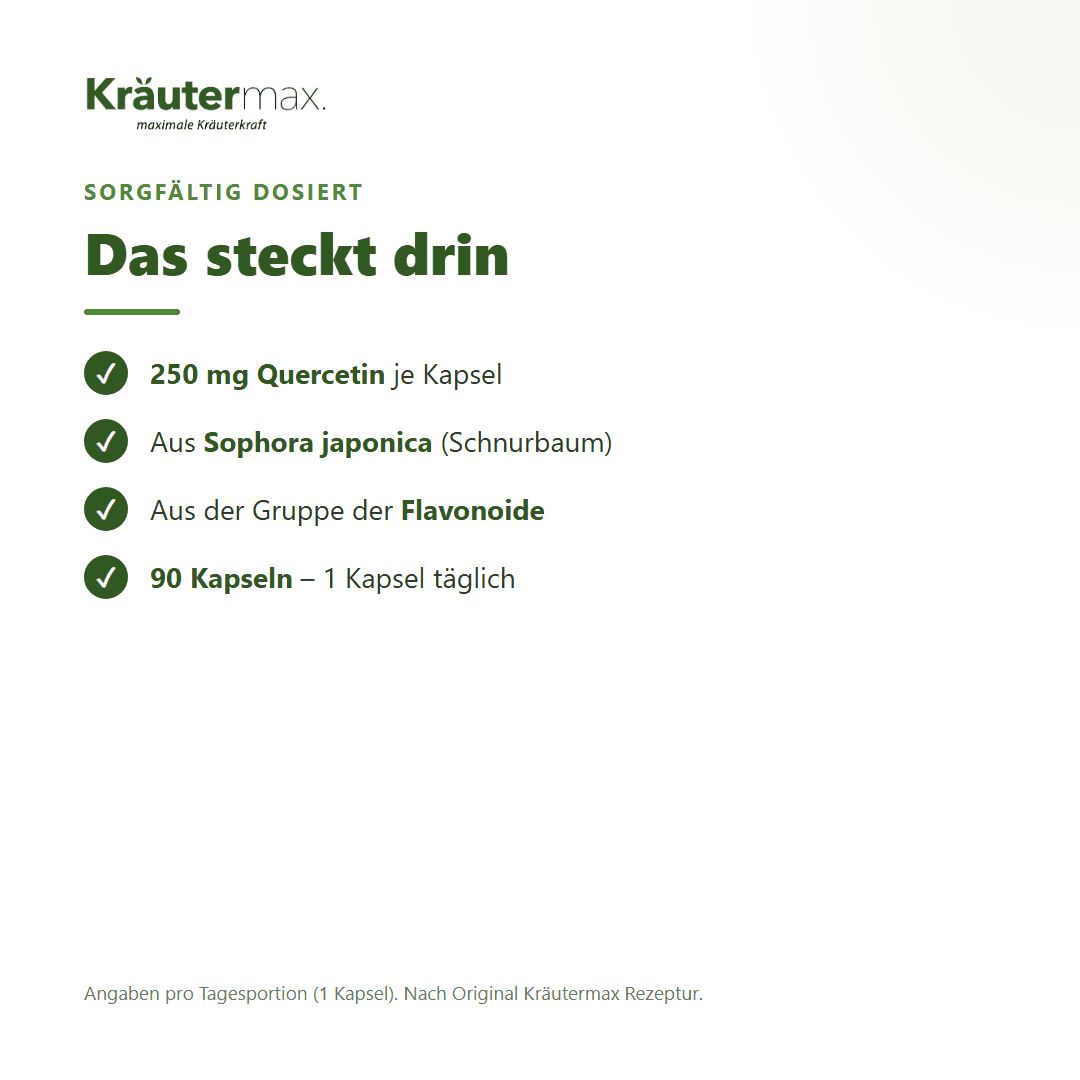 Übersicht der Inhaltsstoffe: 250 mg Quercetin, aus Sophora japonica, Flavonoide, 90 Kapseln.