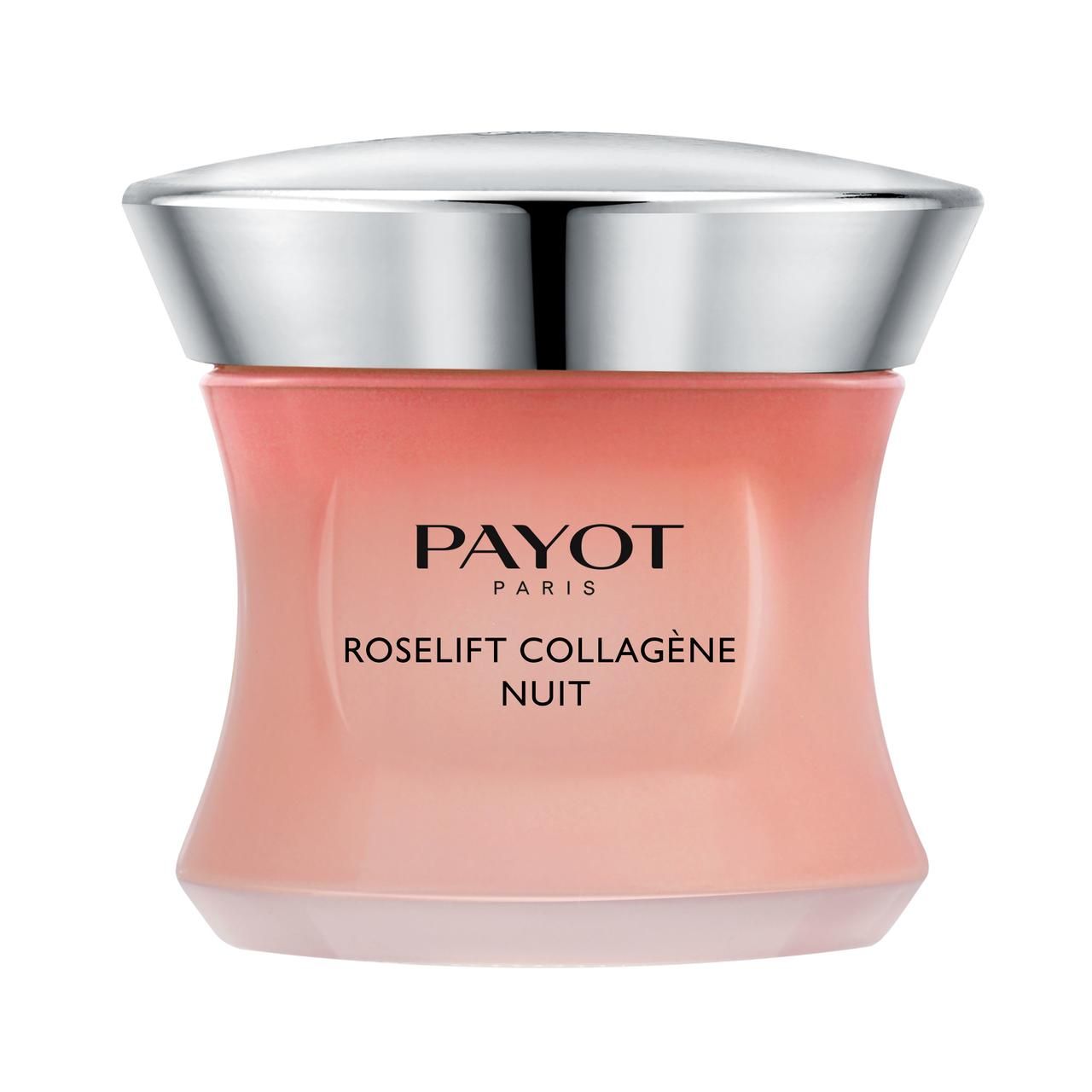 Creme-Tiegel mit silberfarbenem Deckel. Aufschrift: PAYOT PARIS, Roselift Collagène Nuit. Rosa getöntes Glas.