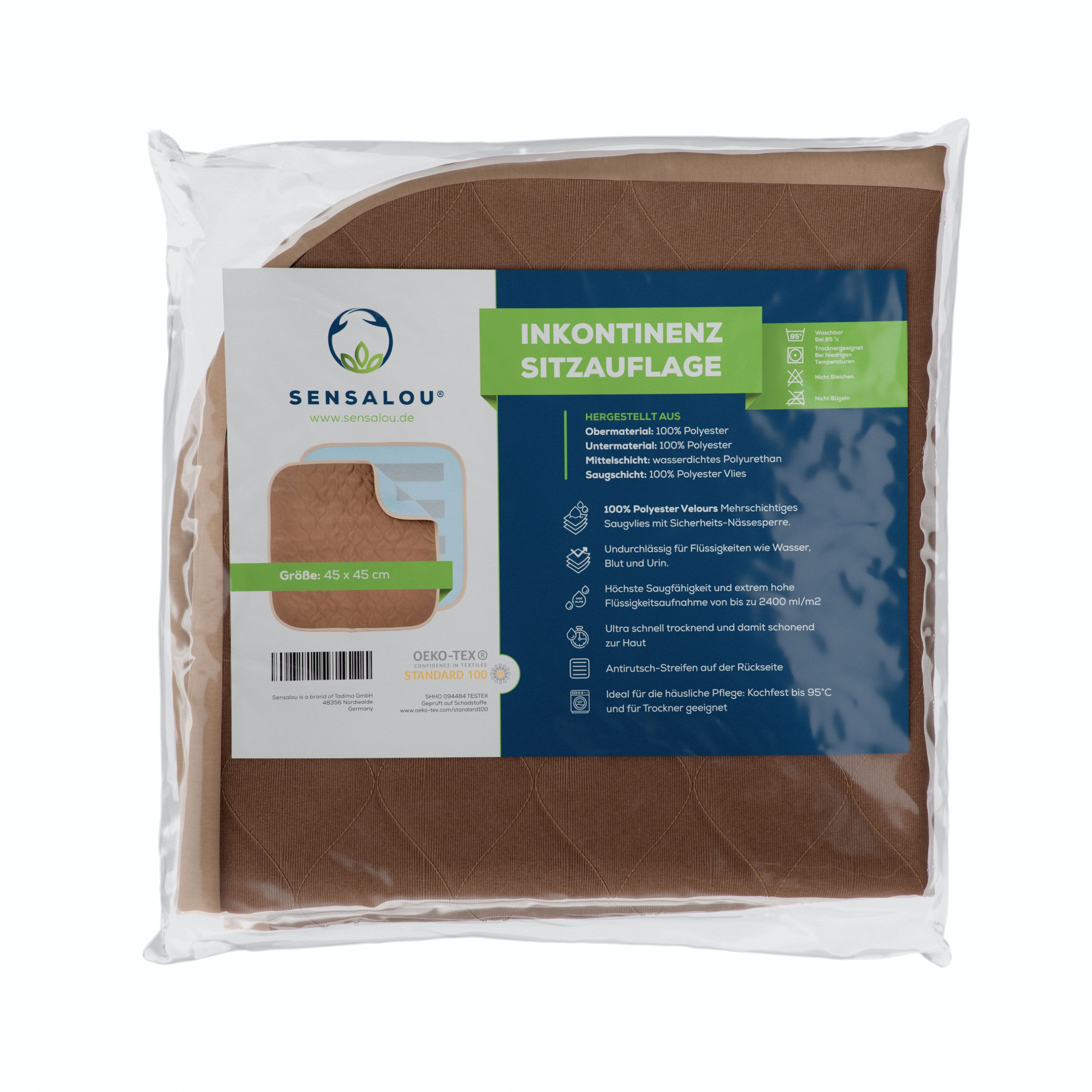 Sensalou Inkontinenz Stuhlauflage Sitzauflage wasserdicht waschbar 45x45 cm braun