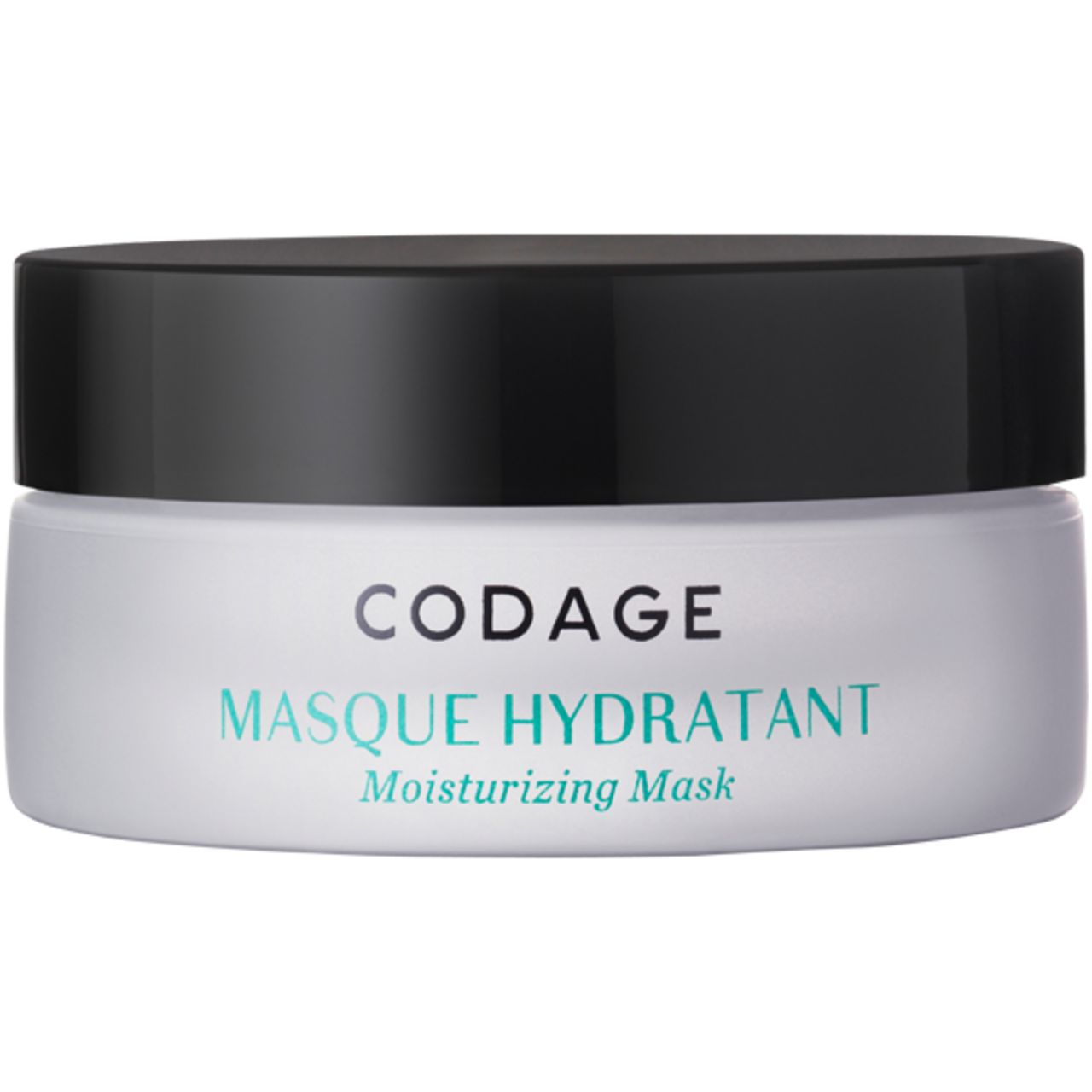 Zylinderförmige Dose mit schwarzem Deckel. Aufschrift: CODAGE, MASQUE HYDRATANT, Moisturizing Mask.