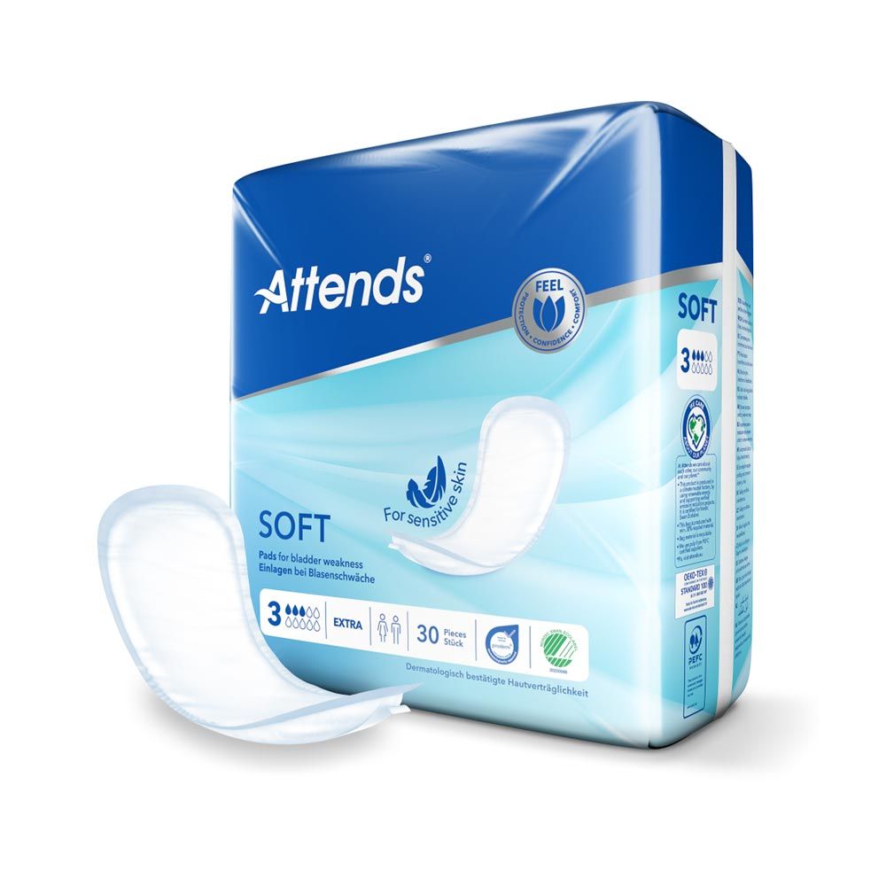 Attends Soft 3 Extra Packung. Blaue Verpackung mit Produkt und Einlage. 30 Stück. Für Blasenschwäche. Mit Zertifizierungen.