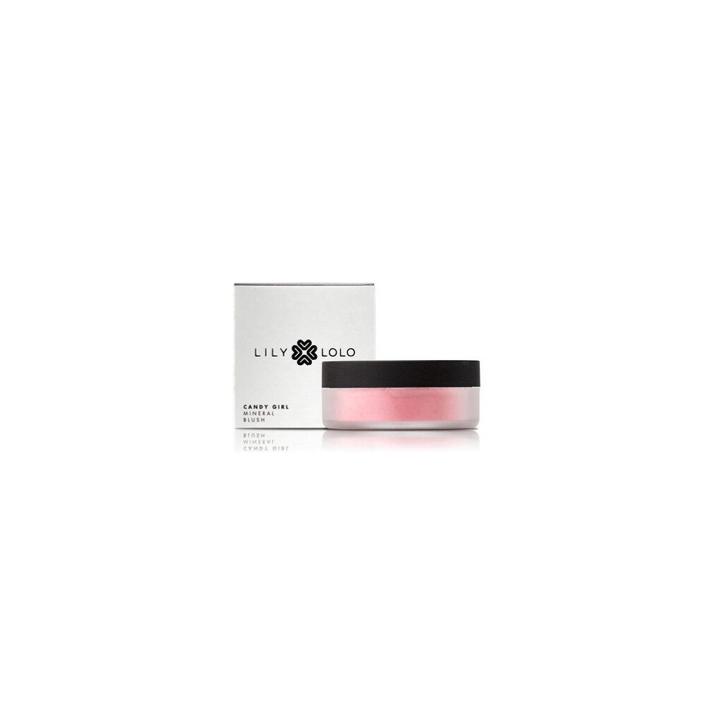 Lily Lolo Candy Girl Mineral Rouge. Dose und Verpackung. Rosa Puder. Schwarzer Deckel. Weißer Karton mit Logo.