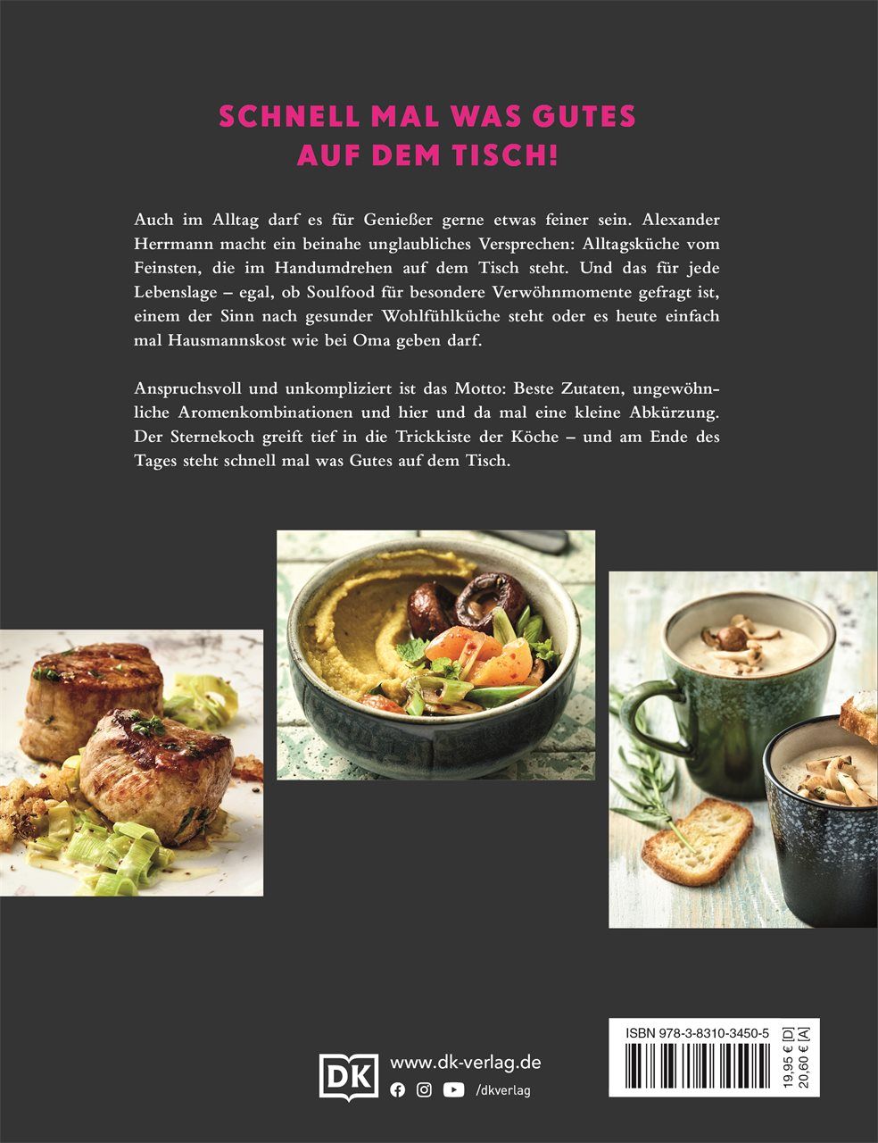 Rückseite des Kochbuchs "Schnell mal was Gutes". Text und Fotos von Gerichten. Verlag DK. ISBN-Code.