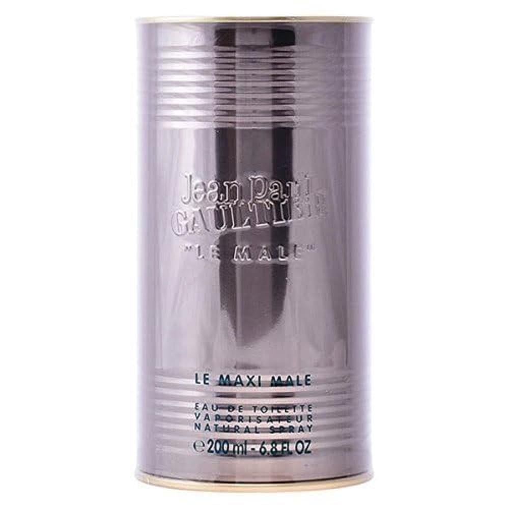 Zylindrische Dose, silberfarben mit goldfarbenem Rand. Aufschrift: Jean Paul Gaultier, Le Maxi Male. Eau de Toilette.
