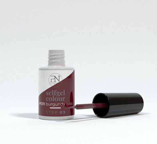 Flasche PN Selfgel Vernis Semi-Permanent, N11 Burgundy Bliss. Pinsel liegt daneben. Schwarzer Deckel, weiß-burgunderfarbene Flasche.