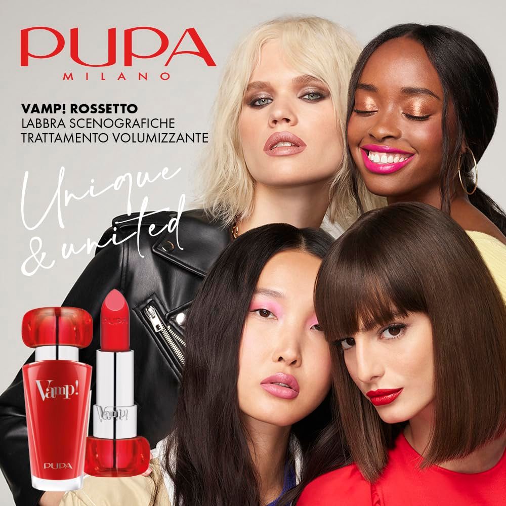 Mehrere Frauen mit Lippenstift. Ein Lippenstift und eine Flasche sind ebenfalls abgebildet. Text: Pupa Milano.