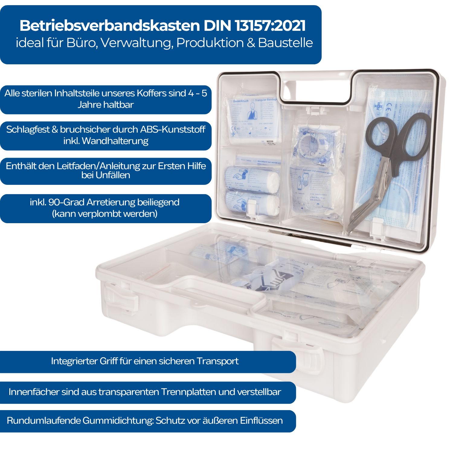 Geöffnete Erste-Hilfe-Koffer mit Inhalt. Enthält Verbandsmaterial, Schere. Text: „Betriebsverbandkasten DIN 13157:2021“