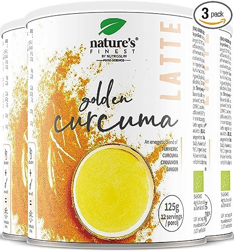 Drei Dosen Nature's Finest BIO Golden Curcuma Latte. Aufschrift: Golden Curcuma, Latte, 125g, 12 servings. Bio-Siegel.