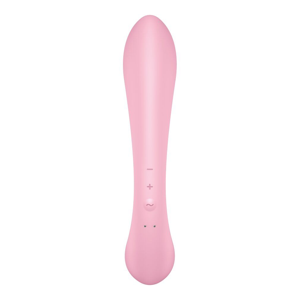 Ein rosafarbener Vibrator mit schlanker, geschwungener Form und Bedienelementen.