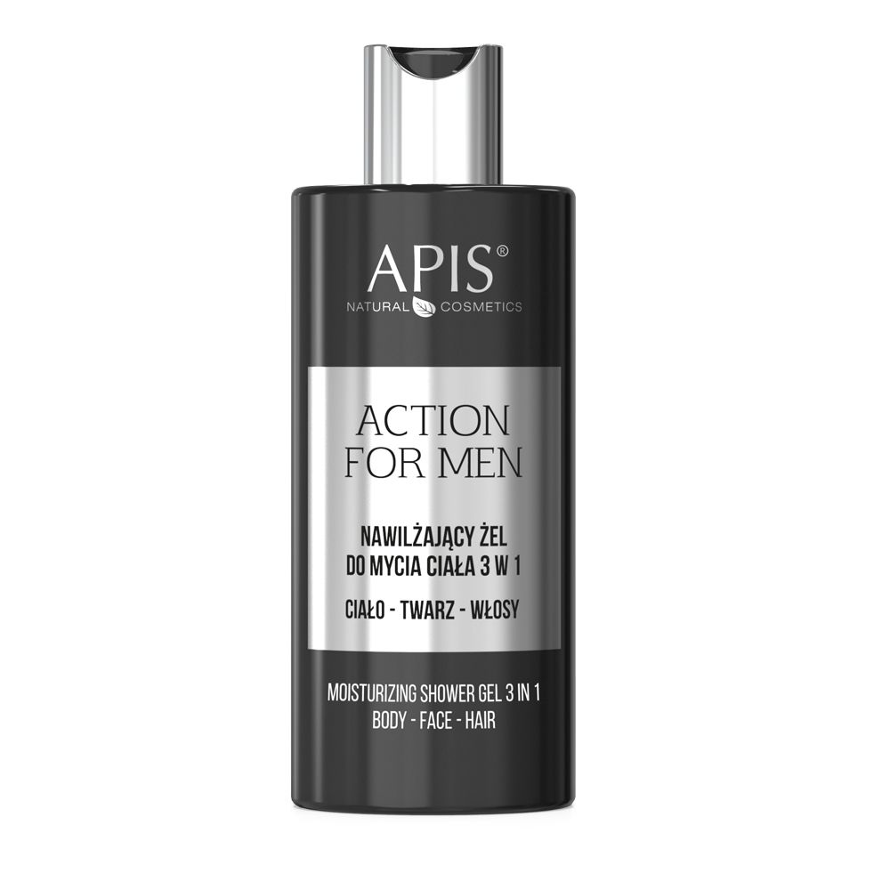 Schwarze Flasche mit silbernem Deckel. Aufschrift: APIS, ACTION FOR MEN, Feuchtigkeitskörpergel 3 in 1. Für Körper, Gesicht und Haar.