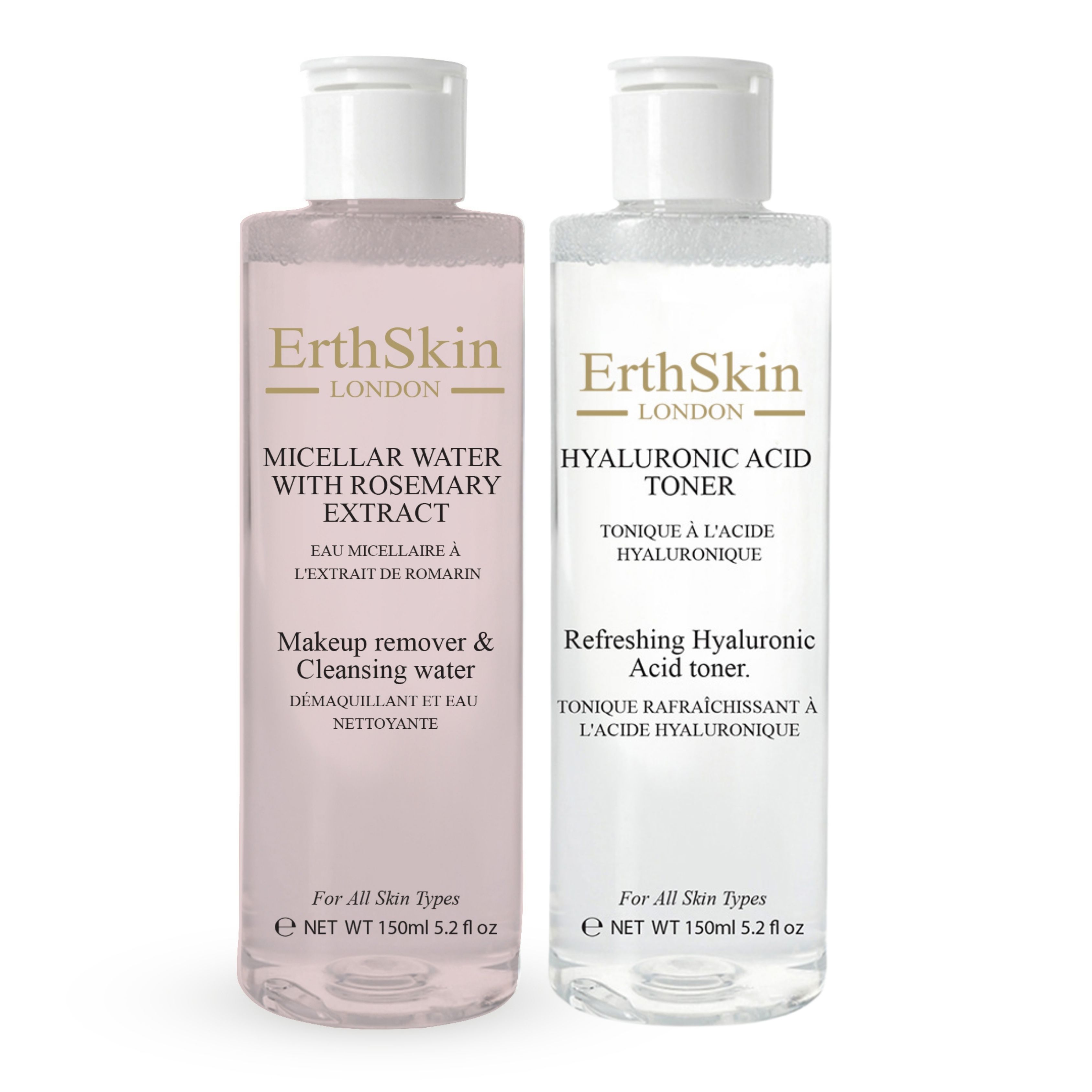 Zwei Flaschen ErthSkin London. Links Mizellenwasser mit Rosmarinextrakt, rechts Hyaluronsäure-Toner. Beide mit weißem Deckel und Etikett.