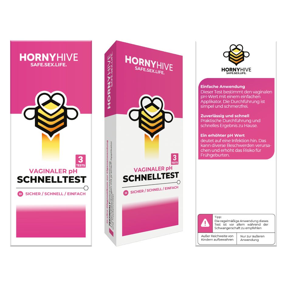 Horny Hive Schnelltest-Bundle Schachtel, pink. Aufschrift: Vaginaler pH Schnelltest. Sicher/Schnell/Einfach. Logo mit Biene.