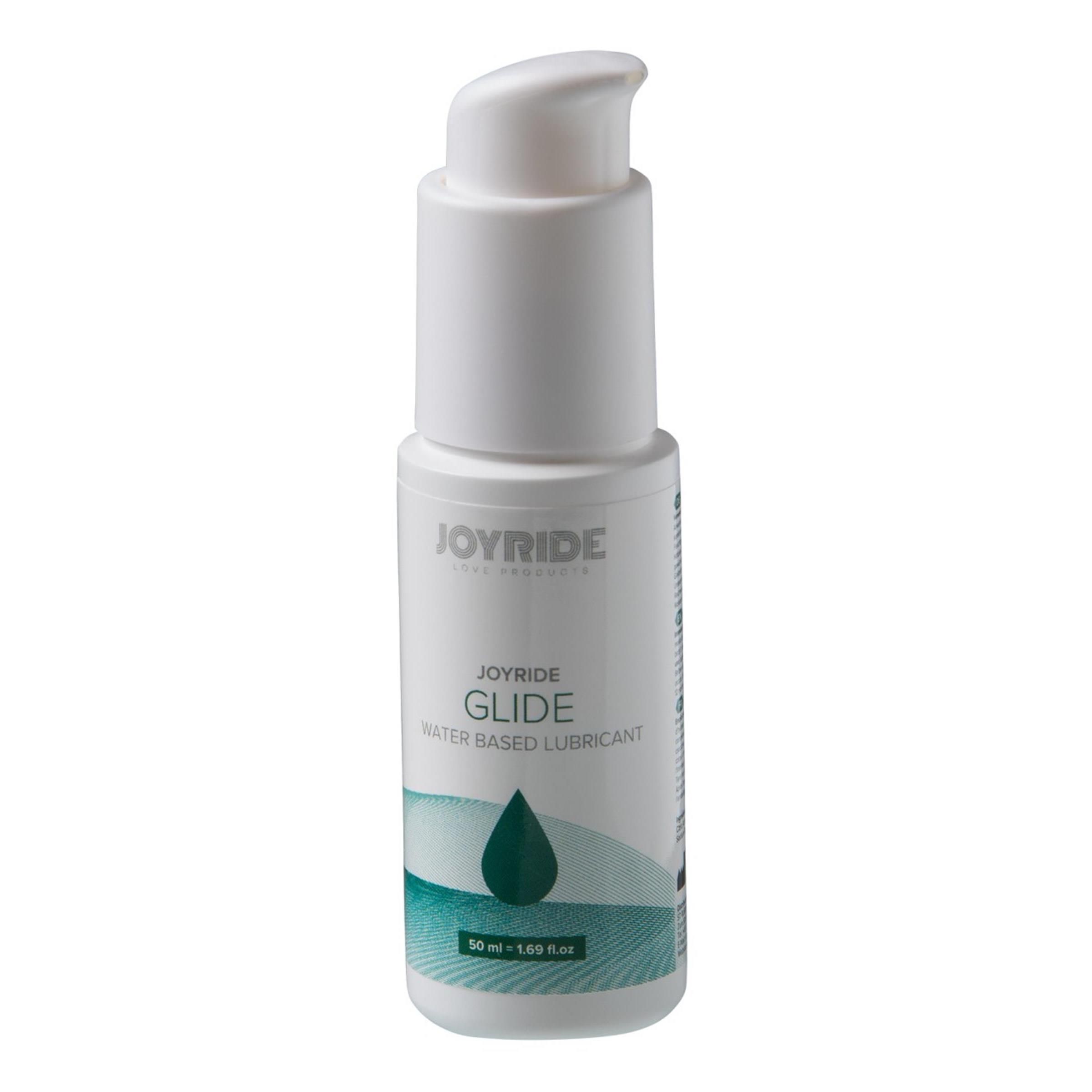 Weiße Flasche mit Pumpverschluss. Aufschrift: JOYRIDE GLIDE, Wasserbasiertes Gleitmittel. Grüne Tropfen-Grafik. 50 ml.