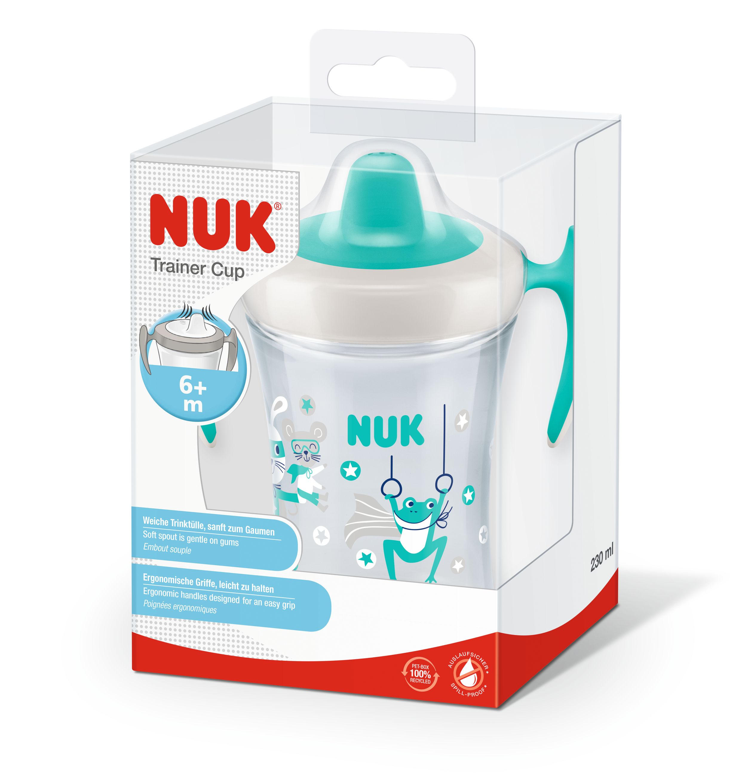 Trainer Cup in Verpackung. Blau-weißer Becher mit Griffen. NUK-Logo und Produktname.