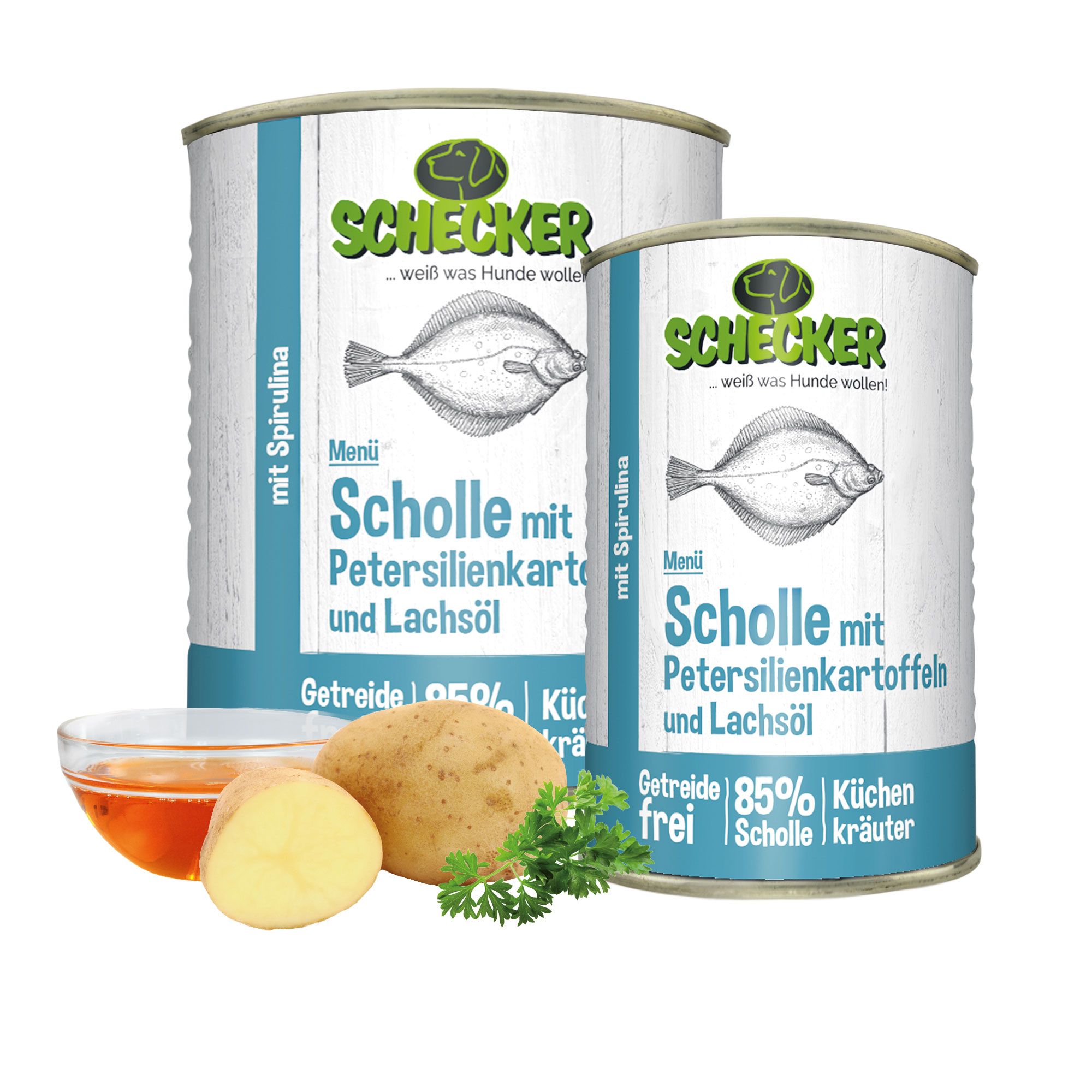 Schecker Hundemenü Scholle mit Petersilienkartoffeln und Lachsöl - Nassfutter 12x820 g Futter