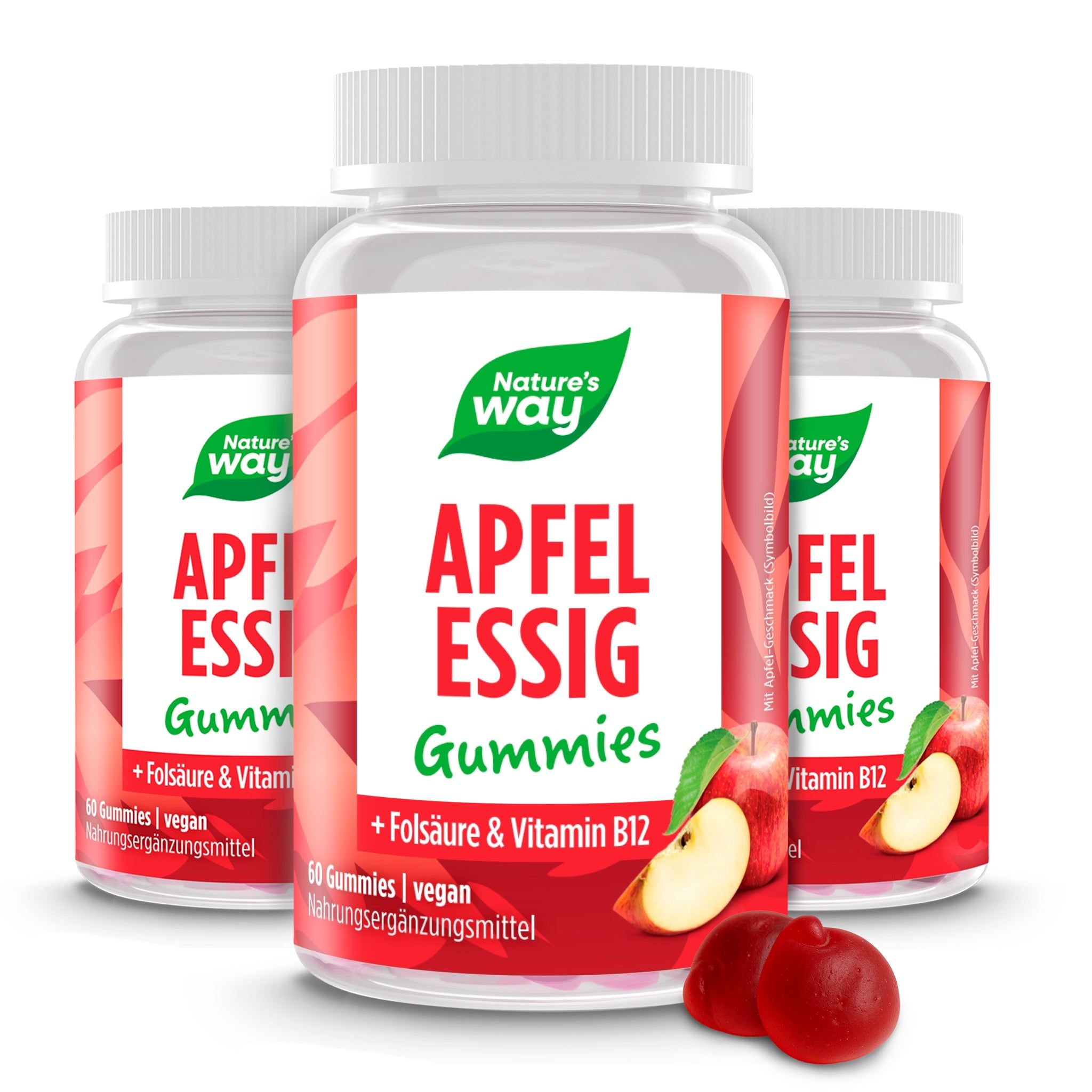 Drei Gläser Nature's Way Apfelessig Gummies. Text: Apfelessig Gummies, +Folsäure & Vitamin B12, 60 Gummies.