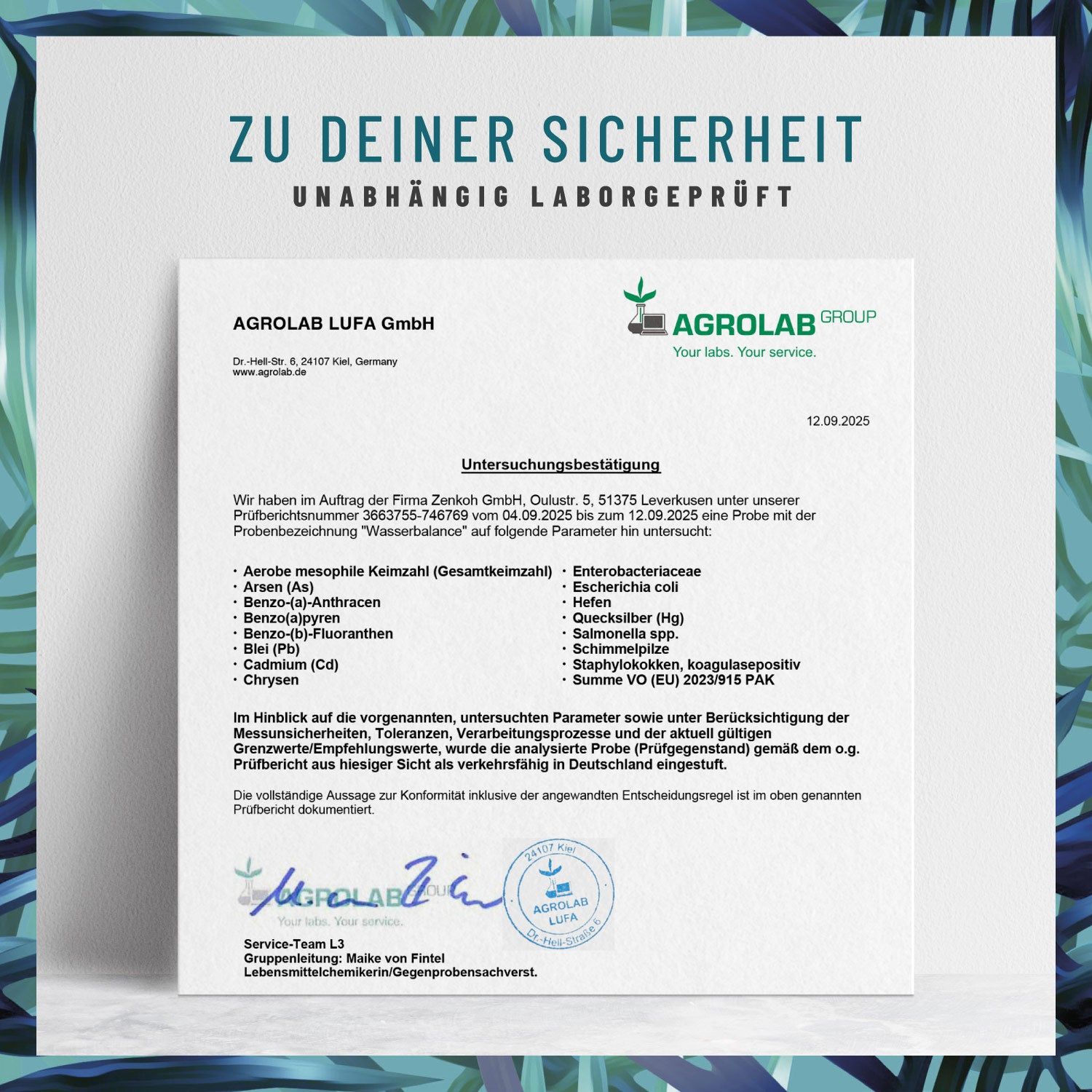 Zertifikat der Agrolab LUFA GmbH. Text: Unabhängig laborgeprüft. Untersuchungsergebnis für Wasser Balance.