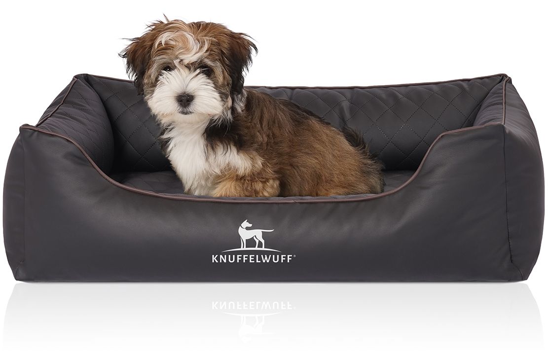 Hundebett in Schwarz mit einem Hund. Das Bett hat eine gesteppte Oberfläche und braune Ränder. Logo "Knuffelwuff".