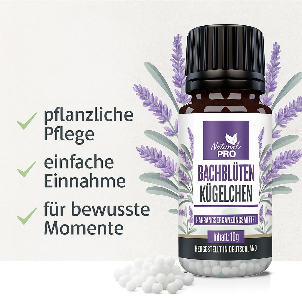 Braune Flasche mit schwarzem Deckel. Etikett mit Produktname und Lavendel-Illustration. Inhalt: 10g. Kügelchen daneben.