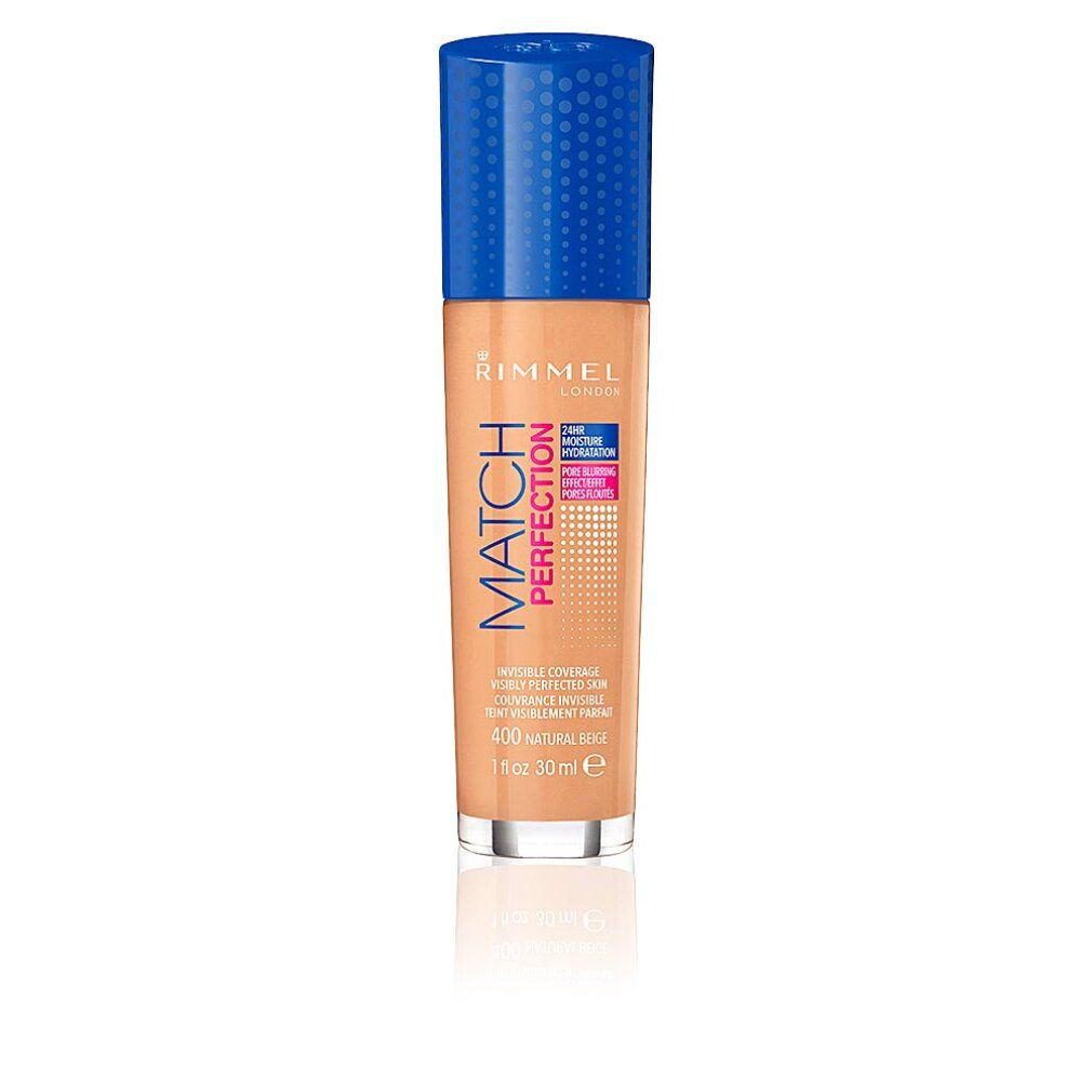 Flüssige Foundation in einer Glasflasche mit blauem Deckel. Aufschrift: Match Perfection, Farbton 400 Natural Beige.