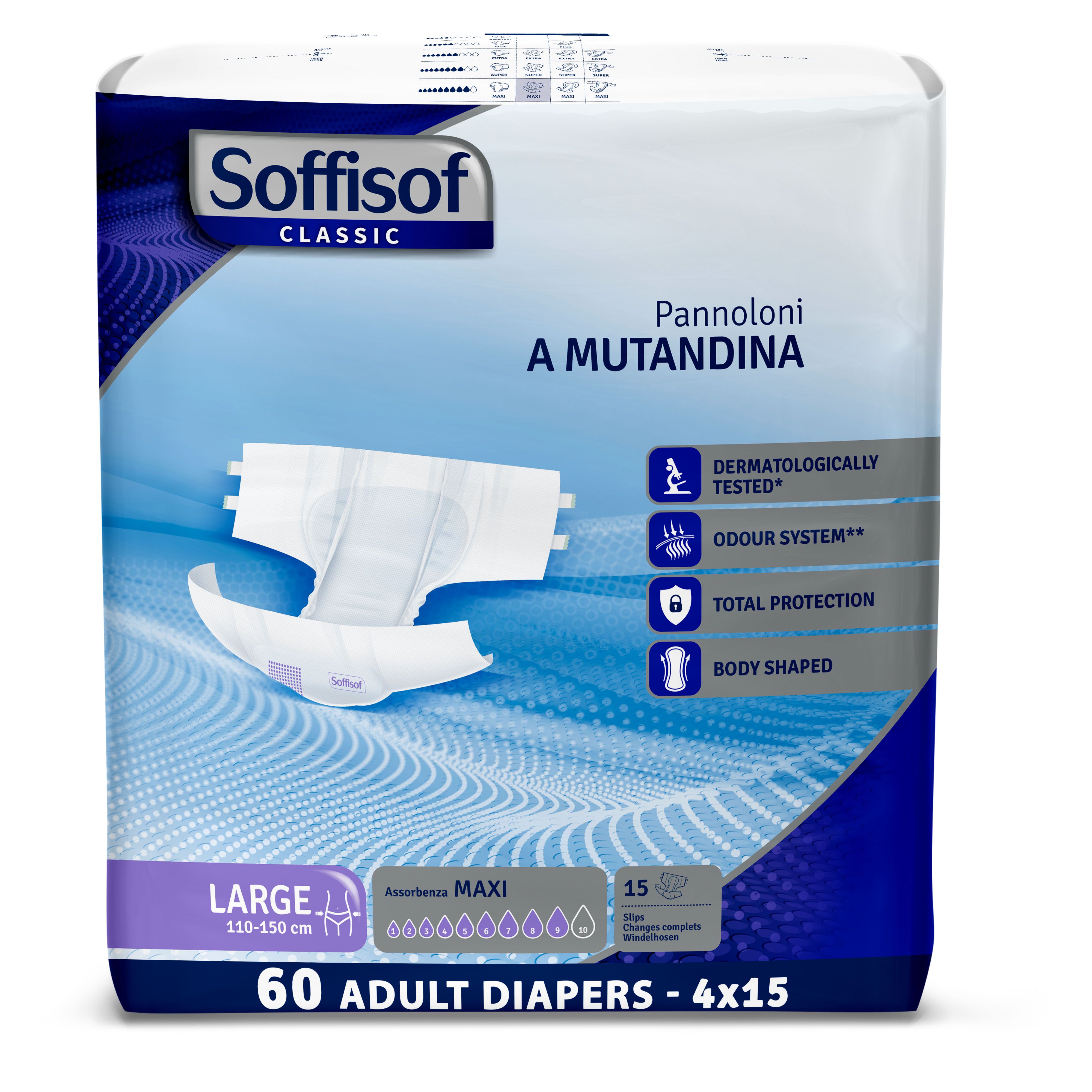 Soffisof Classic Maxi luiers voor volwassenen. Maat Large, 110-150 cm. 60 stuks. Dermatologisch getest.