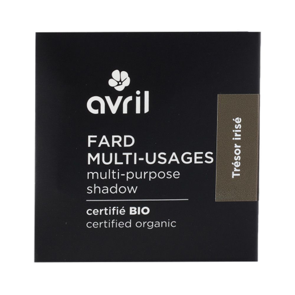 Schwarze Verpackung mit "Avril" Logo und Produktbezeichnung. Zertifiziertes Bio-Produkt. Farbton "Trésor irisé".