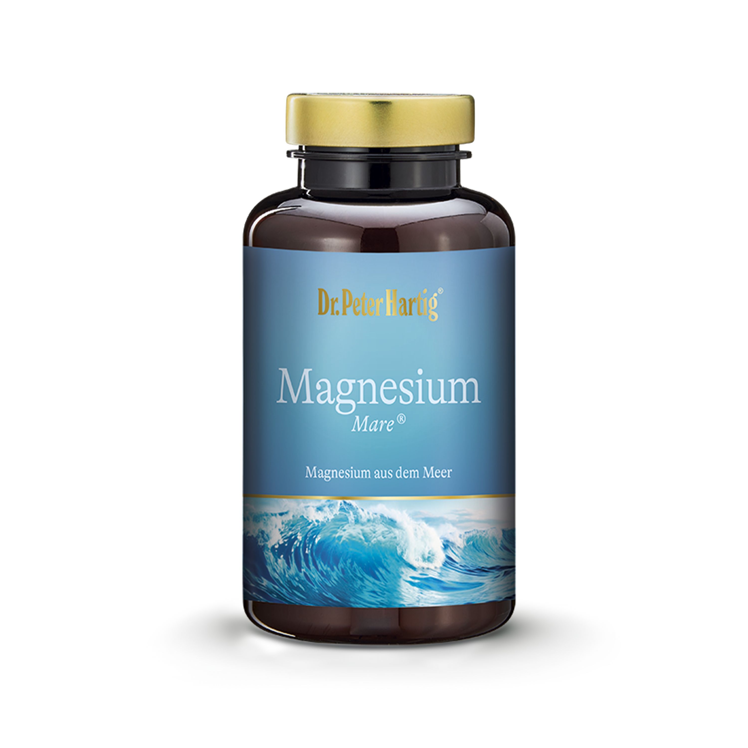 Braune Flasche mit goldfarbenem Deckel. Auf dem Etikett steht "Magnesium Mare" und "Magnesium aus dem Meer".