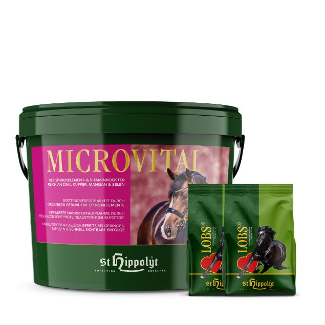Grüner Eimer mit "Microvital" Aufschrift und zwei grünen Beuteln mit "Lobs" Aufschrift.