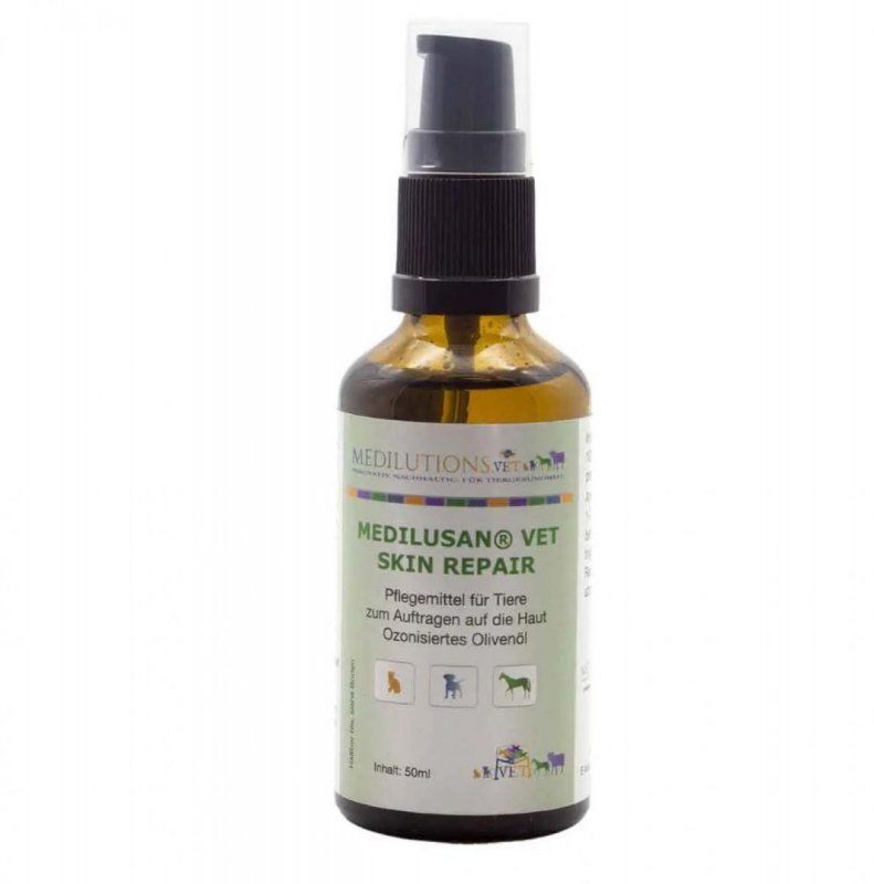Braune Glasflasche mit schwarzem Pumpkopf. Aufschrift: Medilusan Vet Skin Repair. Für Tiere. Ozonisiertes Olivenöl.