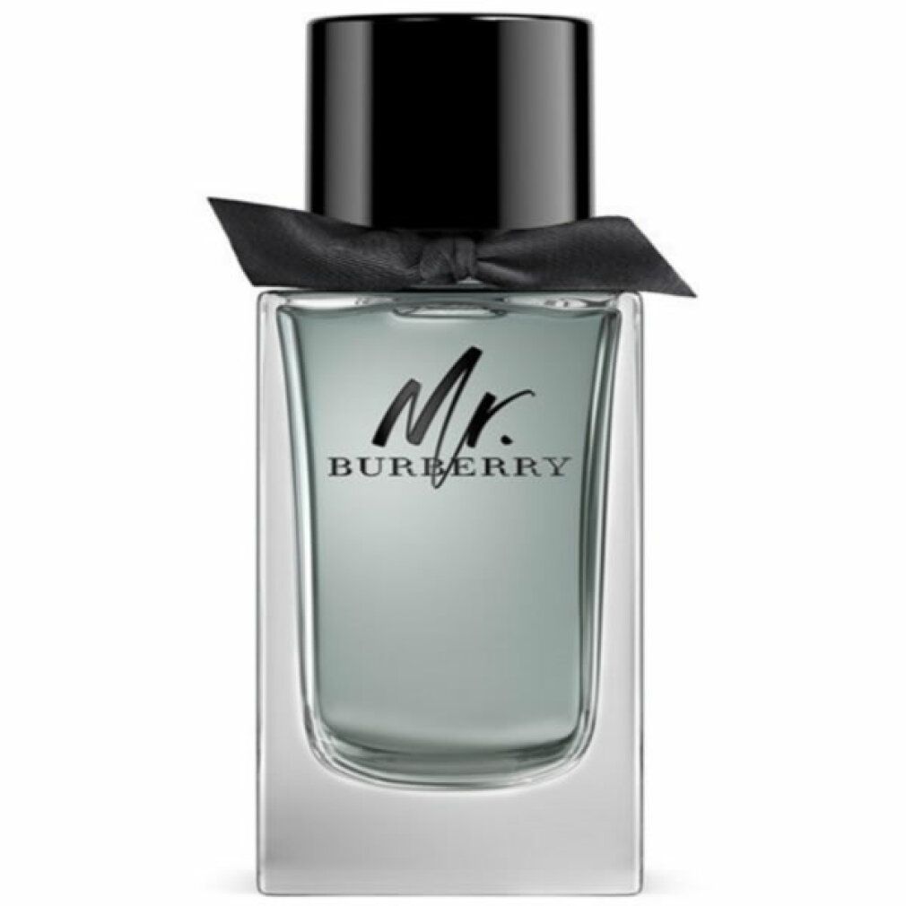 Flakon mit grauer Flüssigkeit. Aufschrift: Mr. BURBERRY. Schwarzer Verschluss und Schleife.