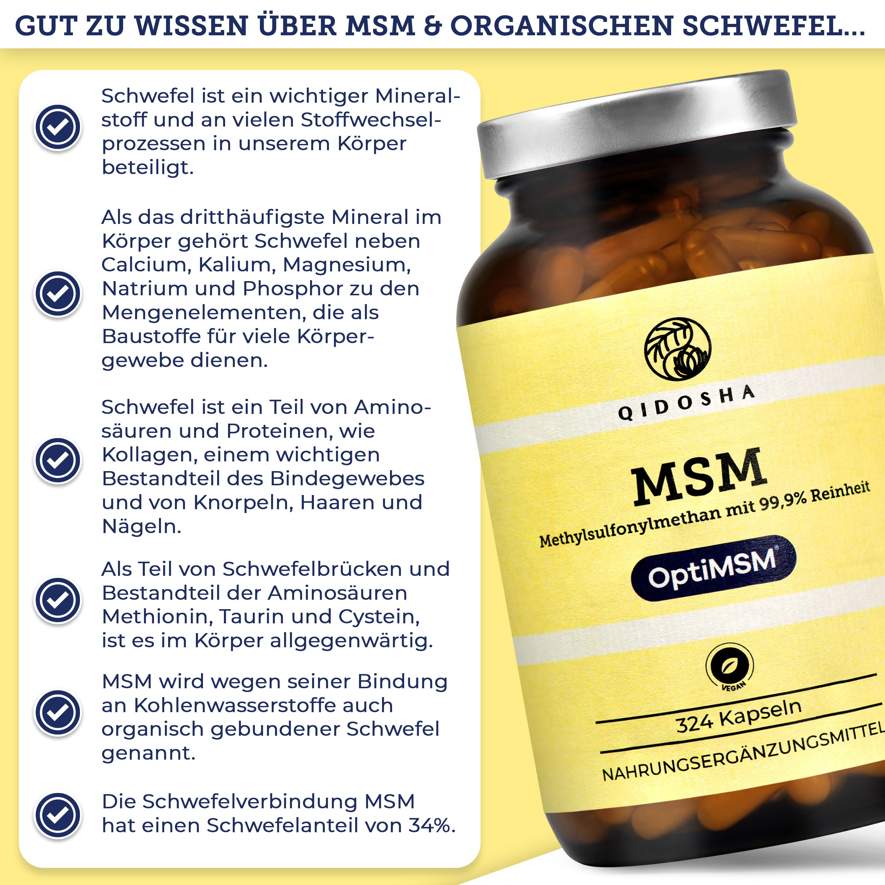 Produktflasche mit Etikett: QIDOSHA, MSM, OptiMSM®, 324 Kapseln. Text über Schwefel: wichtig für Stoffwechsel, Teil von Proteinen, etc.