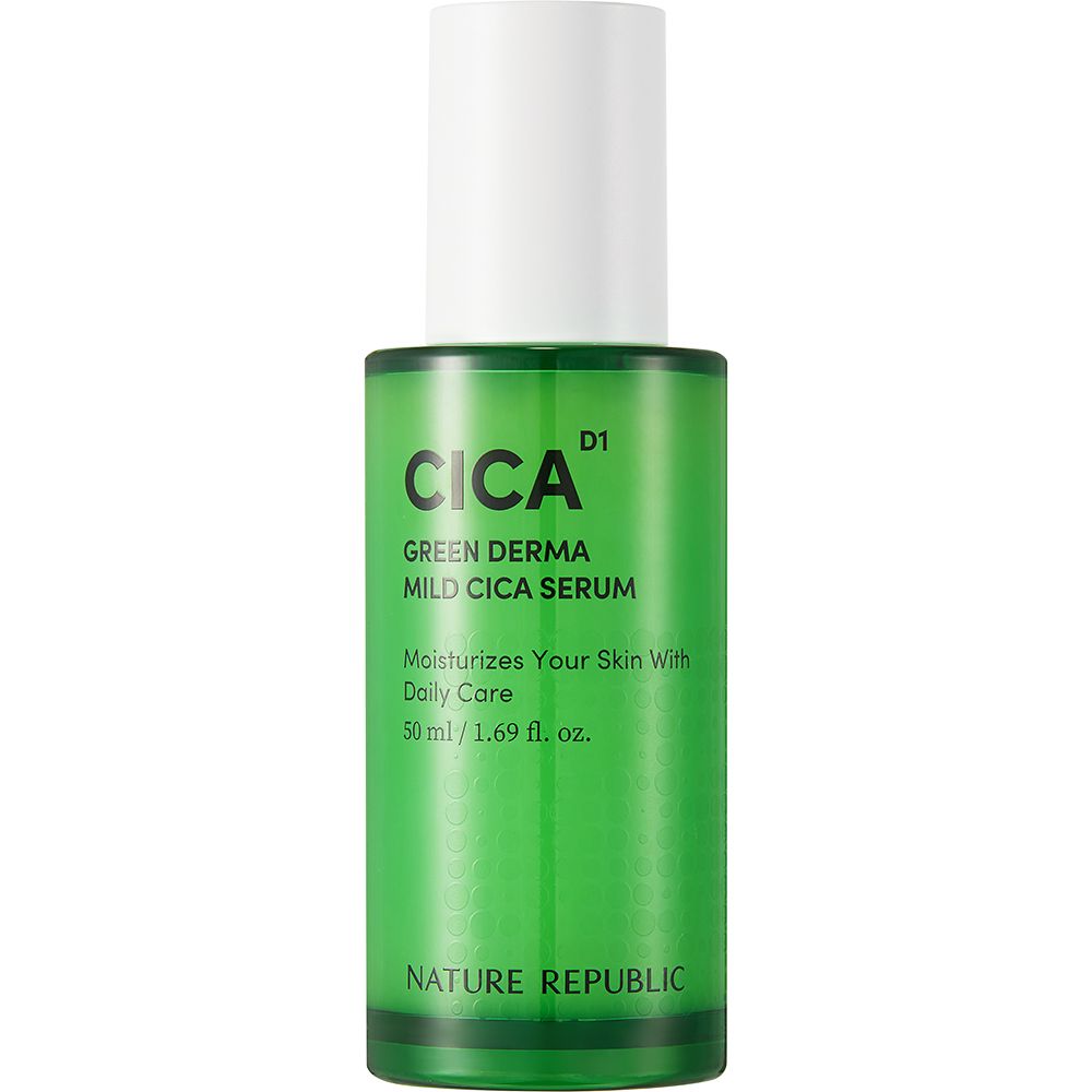 Grüne Serumflasche mit weißem Deckel. Aufschrift: CICA, Green Derma Mild Cica Serum. Marke: NATURE REPUBLIC.