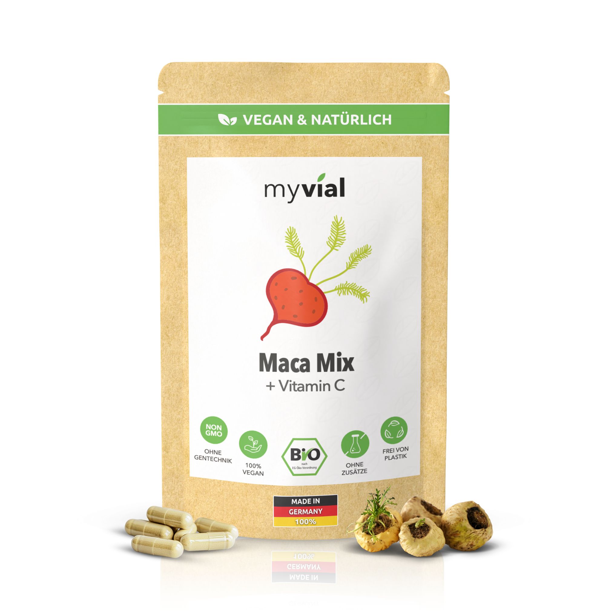 myvial® Bio Maca Mix Kapseln - 120 St mit 3 Maca-Sorten & Acerola vegan plastikfrei